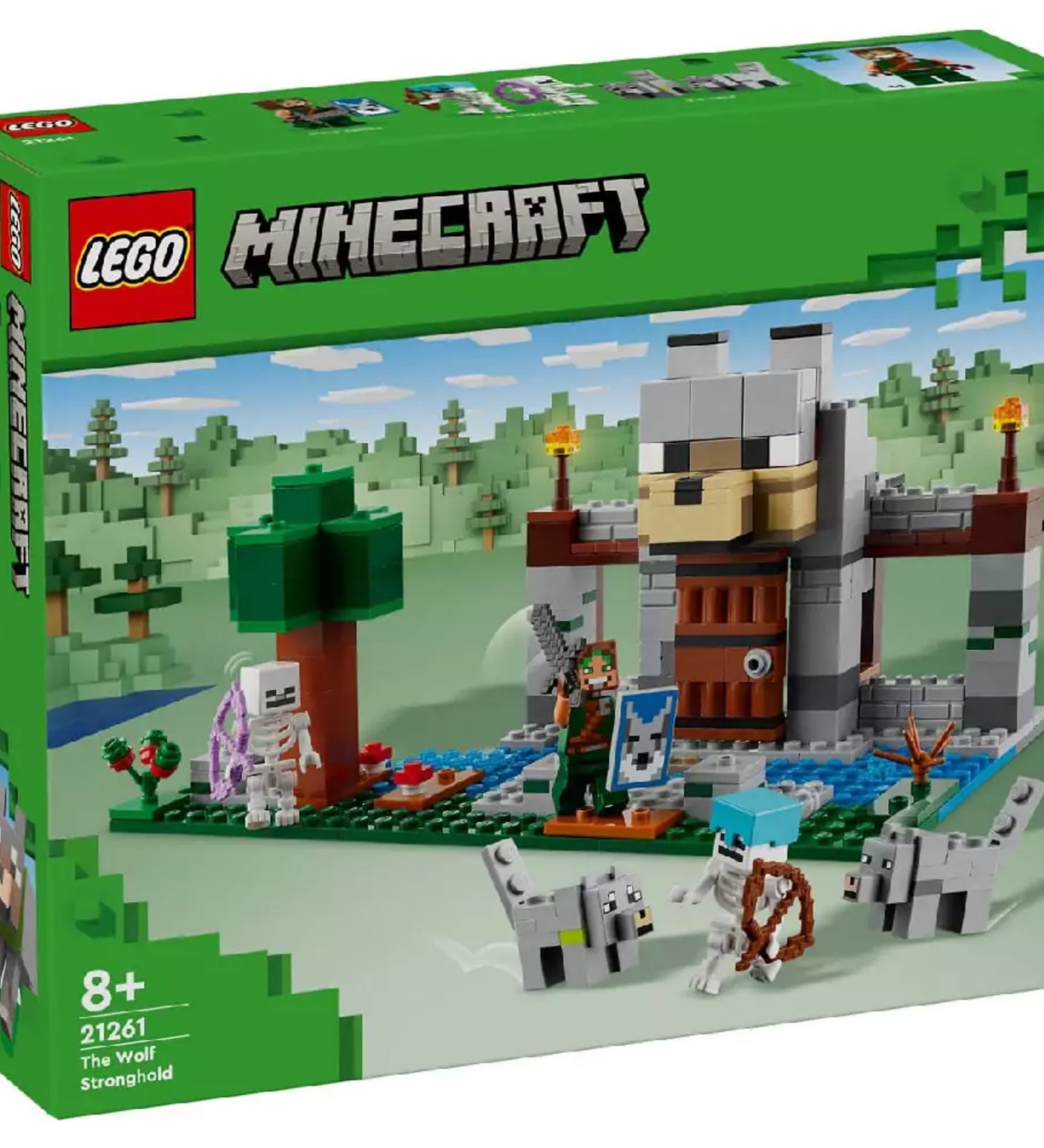 A LEGO Minecraft A farkas erődítmény (21261) készlet zöld doboza, amelyen a teljes játékkészlet grafikája, a karakterek és a farkasos kapu is szerepel, 8+ korosztályi ajánlással.