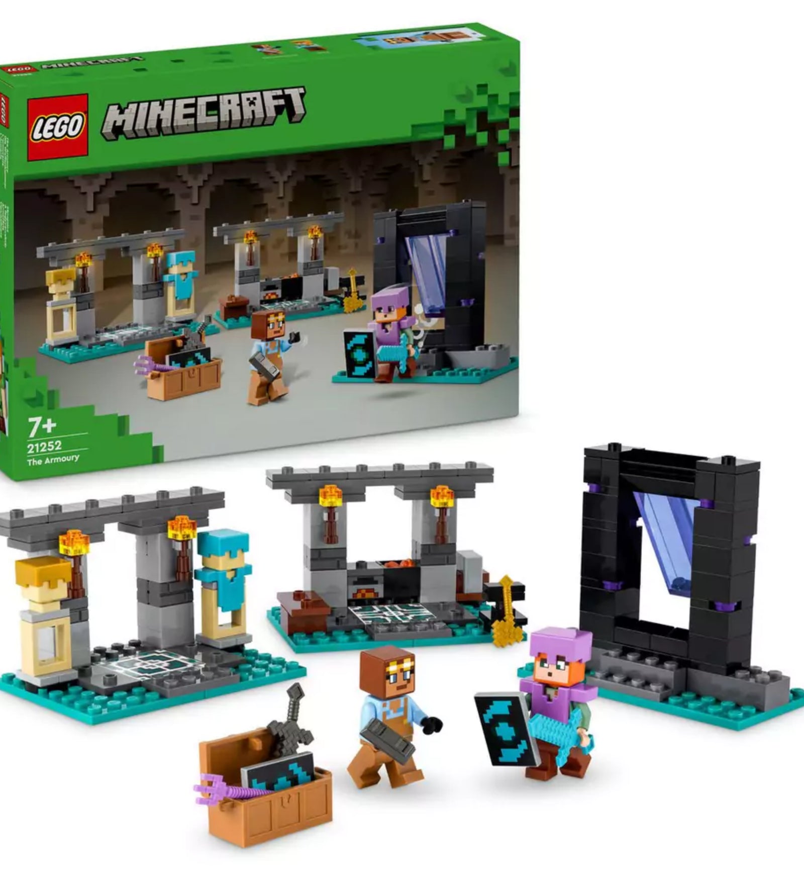 A LEGO Minecraft A fegyverraktár (21252) készlet doboza és a teljes összeépített játéktér látható, két minifigurával, portállal, fegyverládával és páncélállványokkal.