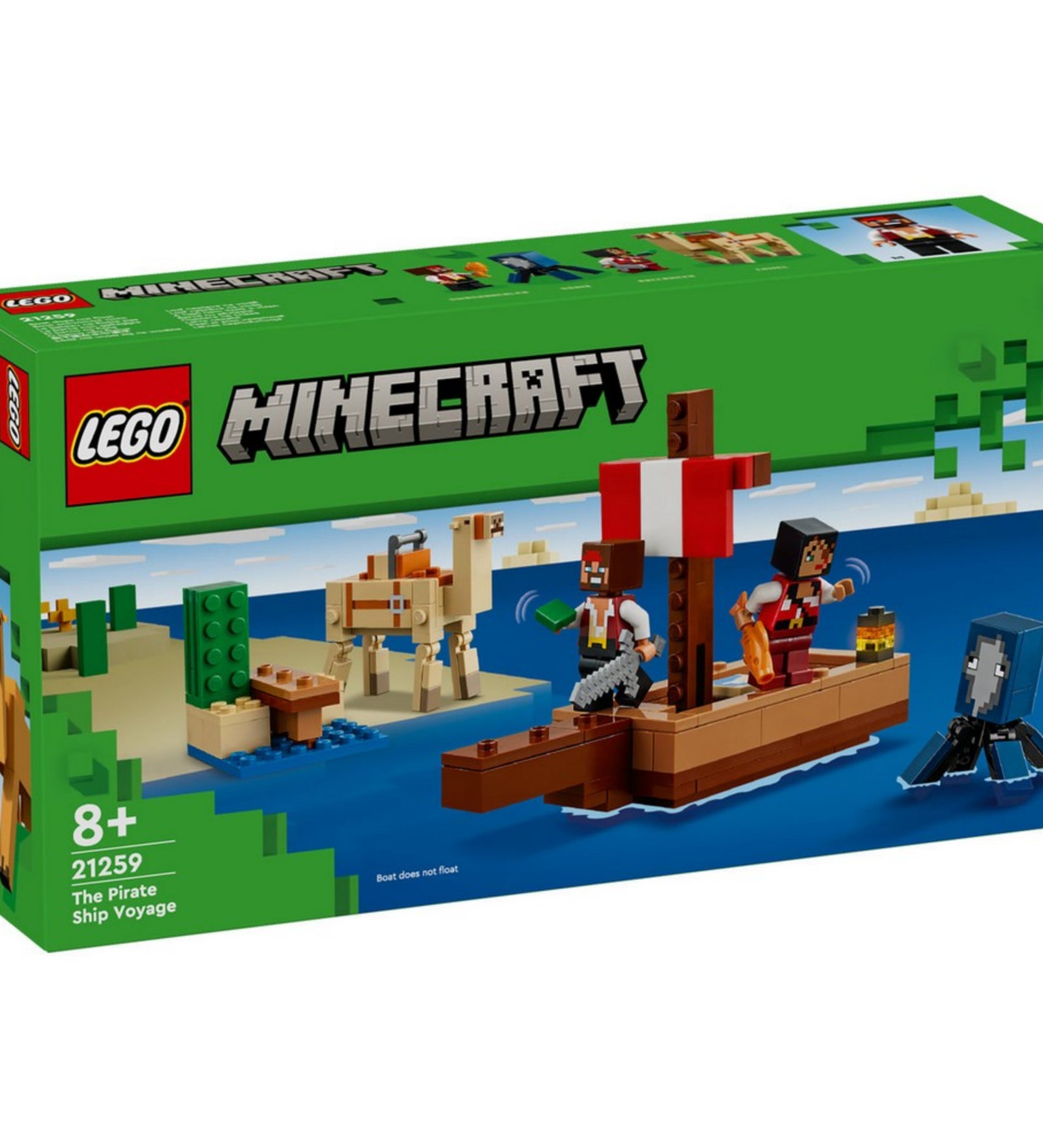 A LEGO Minecraft A kalózhajós utazás (21259) doboza elölnézetből, kalózokkal a hajón, a teve a parton és egy tintahallal a vízben, zöld Minecraft stílusú háttérrel.