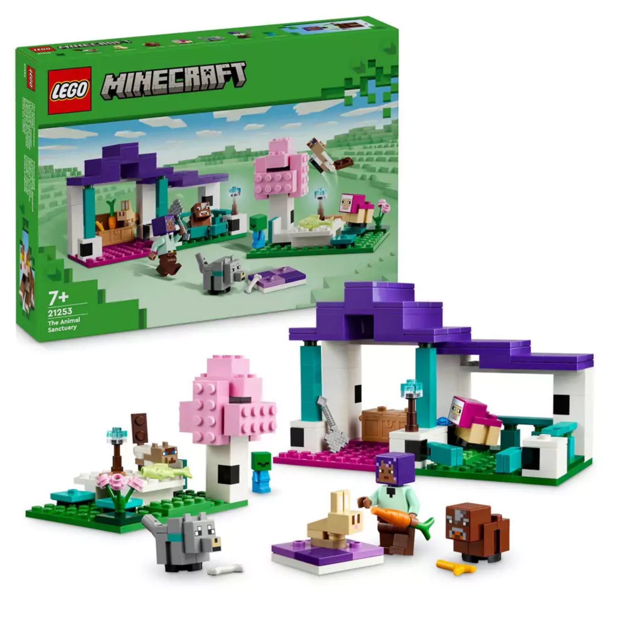 LEGO Minecraft A menedékhely állatoknak (21253) szett doboza a háttérben, előtte a felépített készlet állatokkal és karakterekkel, több szögből bemutatva.