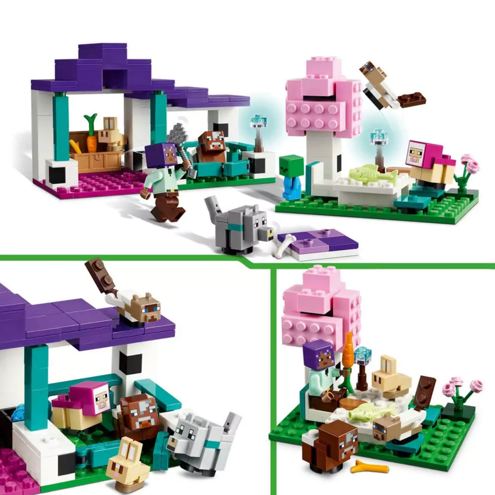Jelenetképek a LEGO Minecraft A menedékhely állatoknak (21253) készletből, három különböző elrendezésben, ahol láthatók a bárány, nyúl, farkas, cicák és a karakterek játék közben.