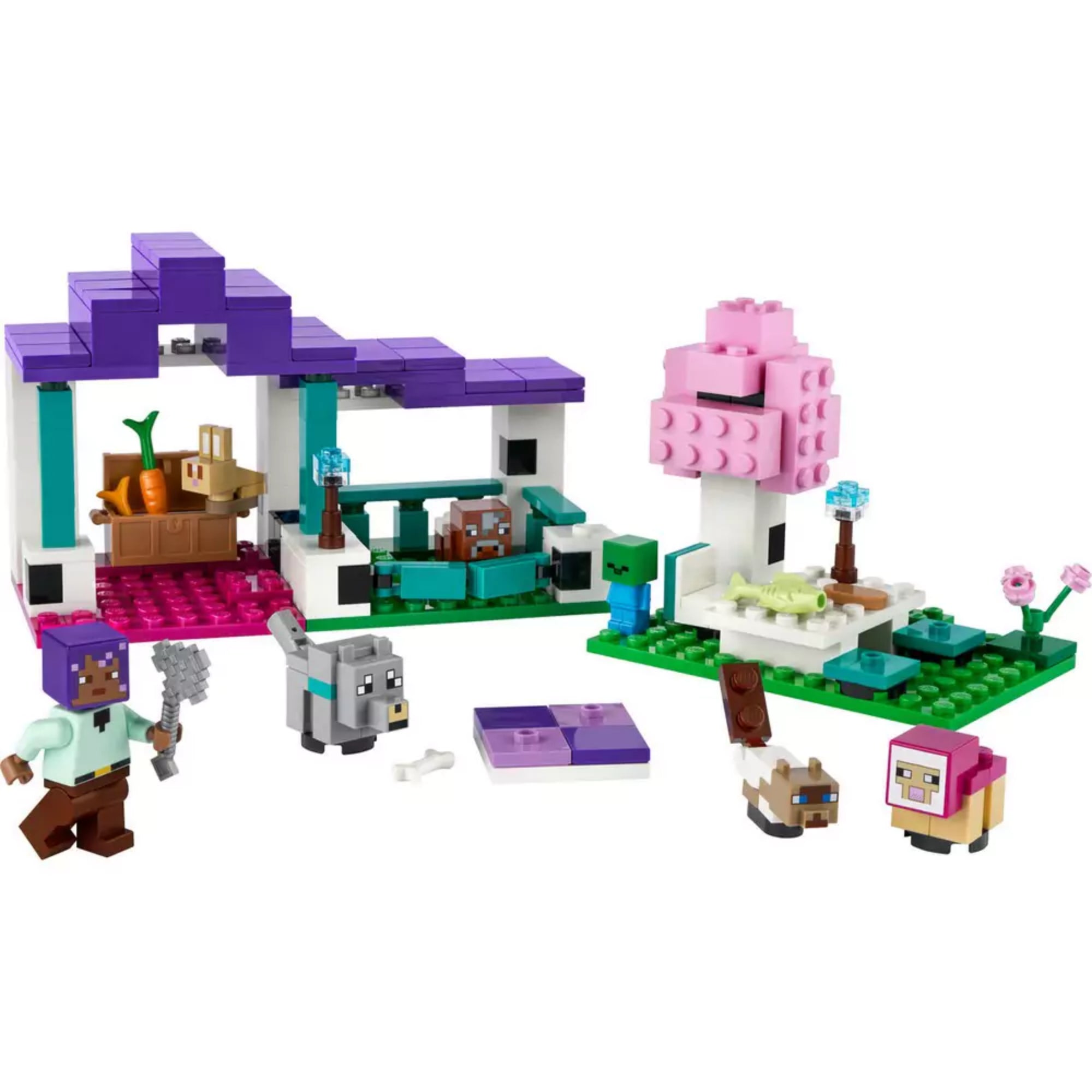 A LEGO Minecraft A menedékhely állatoknak (21253) teljes készlete felépítve, benne a lila tetős menedék, rózsaszín fa, zöld alaplemezek és a hozzá tartozó karakterek.