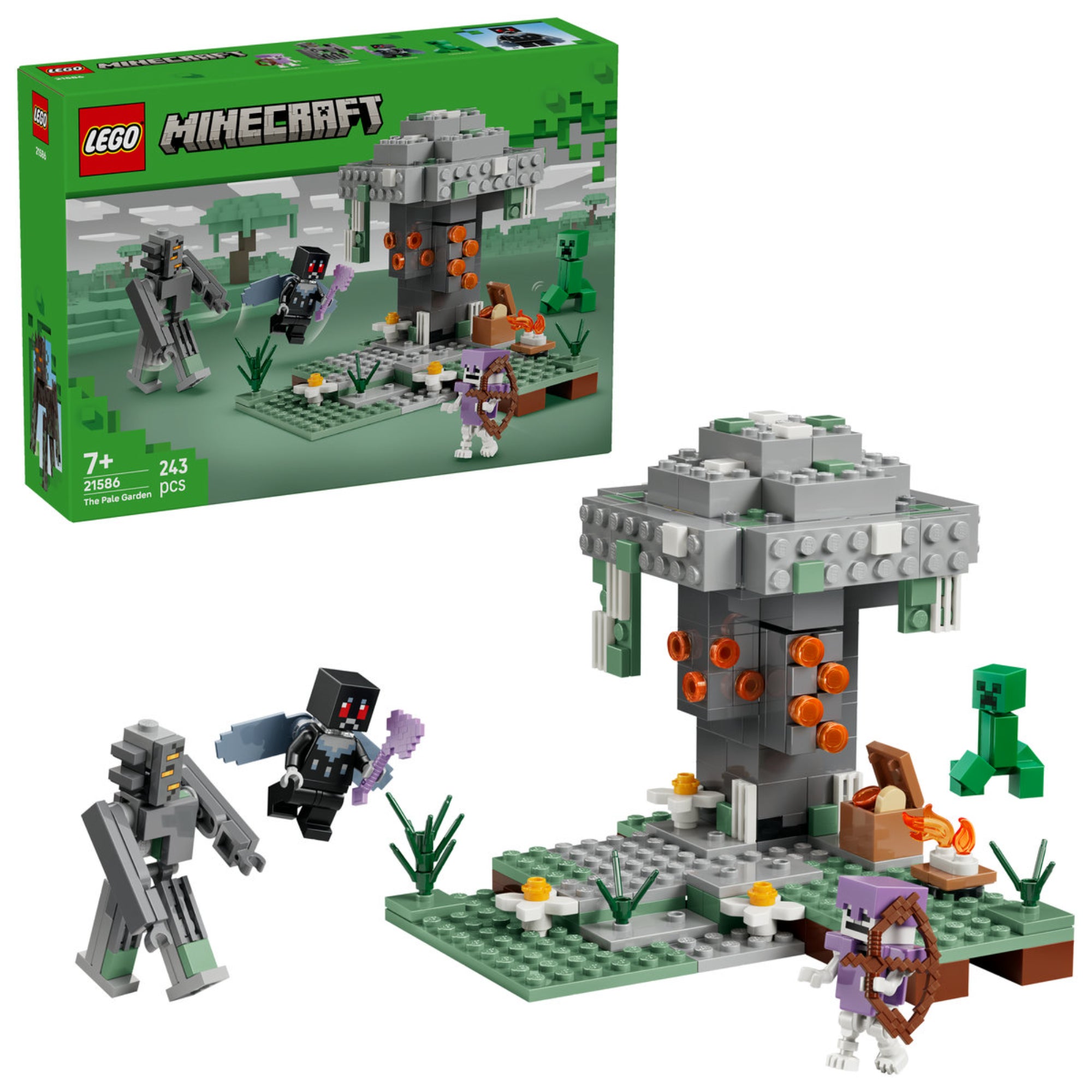 LEGO Minecraft The Pale Garden (21586) – a készlet dobozképe, megépíthető kert, ellenséges mobok és Minecraft figurák.