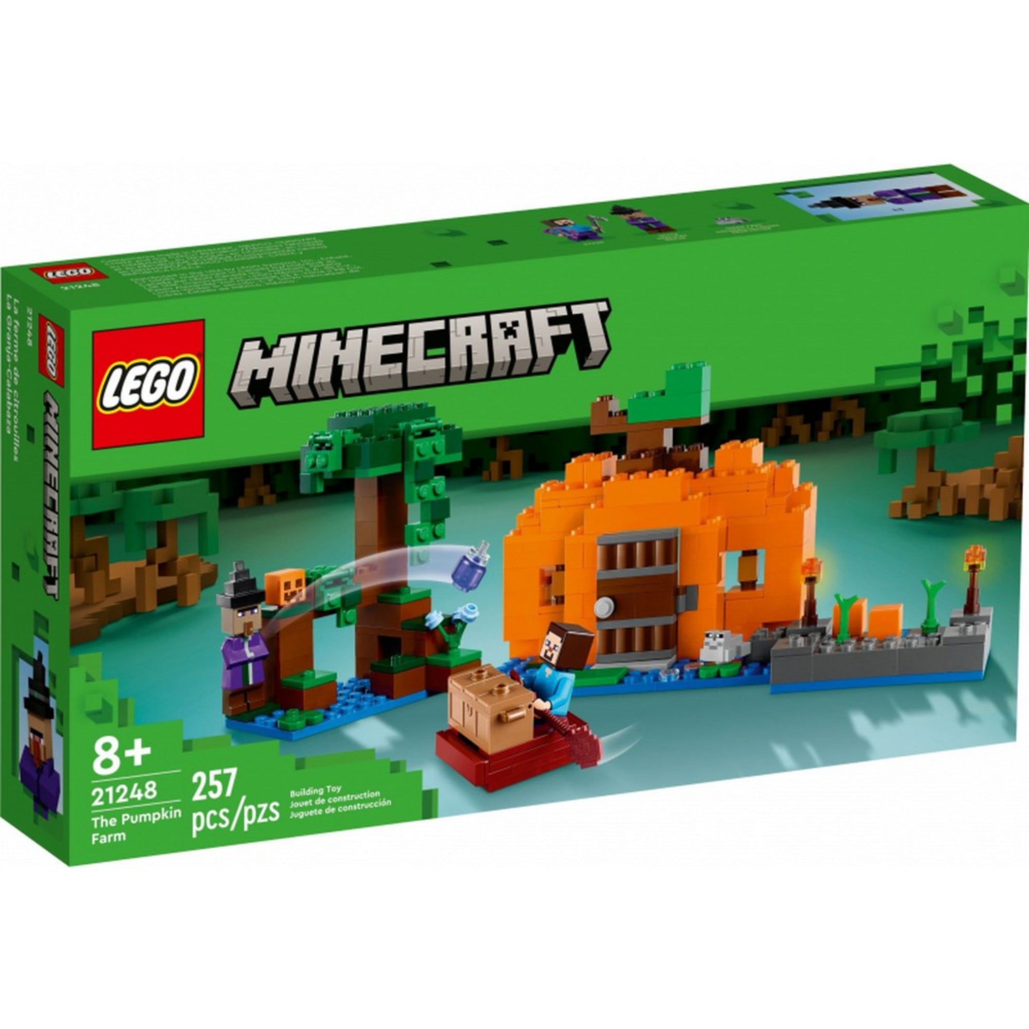 A LEGO Minecraft A sütőtök farm (21248) doboza, amelyen jól kivehető a tökformájú ház, a hófödte táj, a karakterek és a készlethez tartozó elemek száma (257 darab), valamint az ajánlott korosztály (8+).