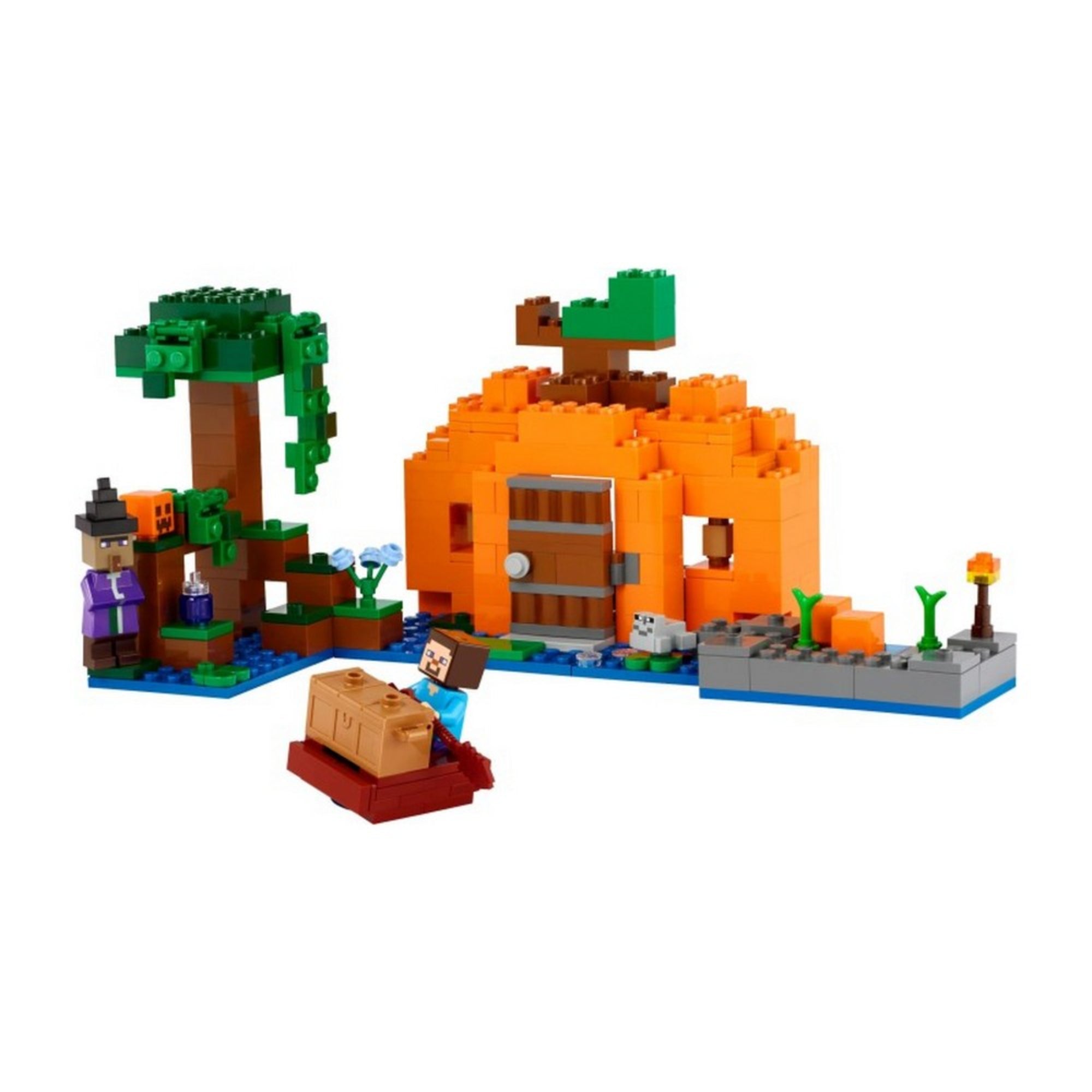 Teljes LEGO Minecraft A sütőtök farm (21248) készlet összeállítva: a narancssárga tökházikó körül hóval borított táj, töklámpások, Minecraft minifigurák, zombis ellenség és farmolható terület is látható.