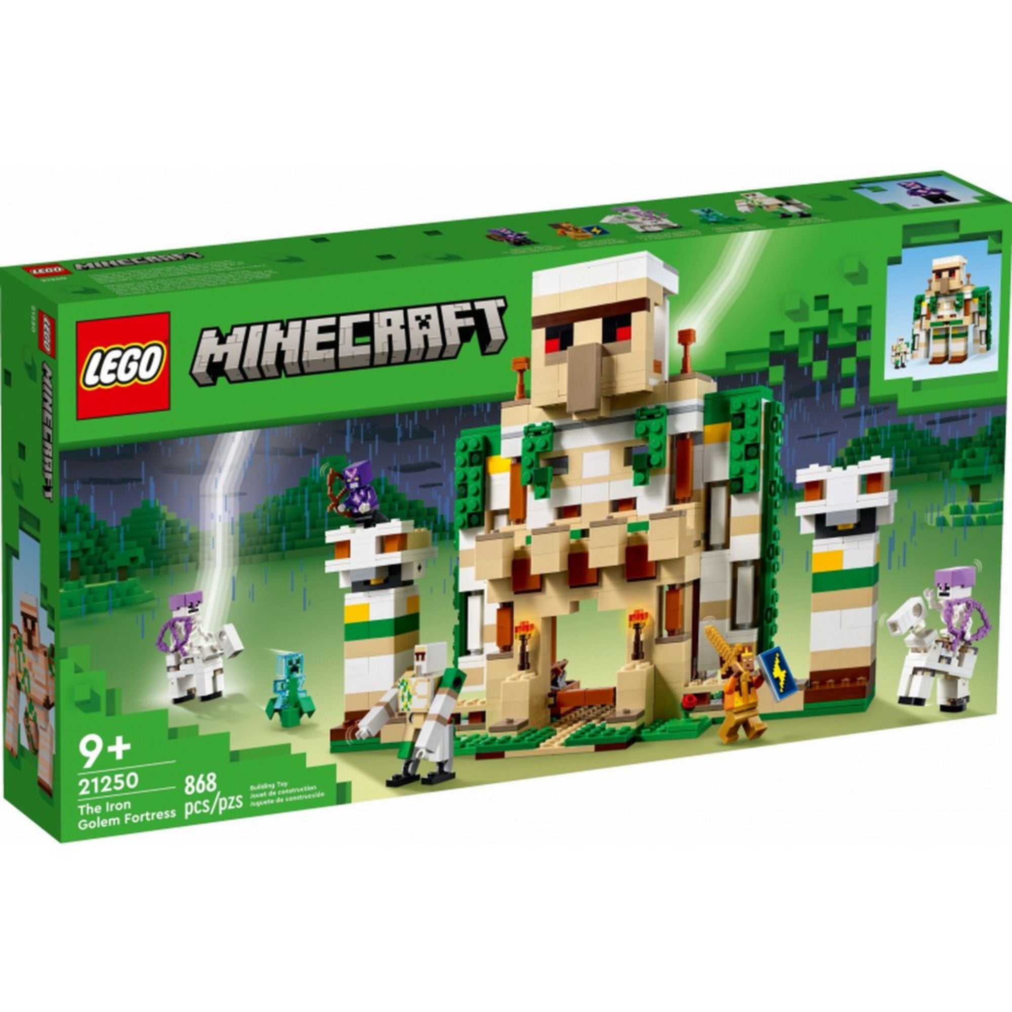 LEGO Minecraft A vasgólem erődje (21250) dobozkép: zöld háttérrel, az erőd és a figurák látványos megjelenítésével, 9+ korosztályjelöléssel és 868 darabos felirattal.
