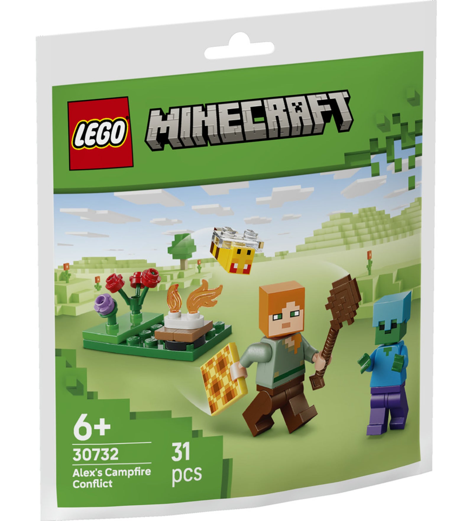 LEGO Minecraft Alex's Campfire Conflict 30732 polybag csomagolás Alex, zombi és tábortűz Minecraft jelenetével.