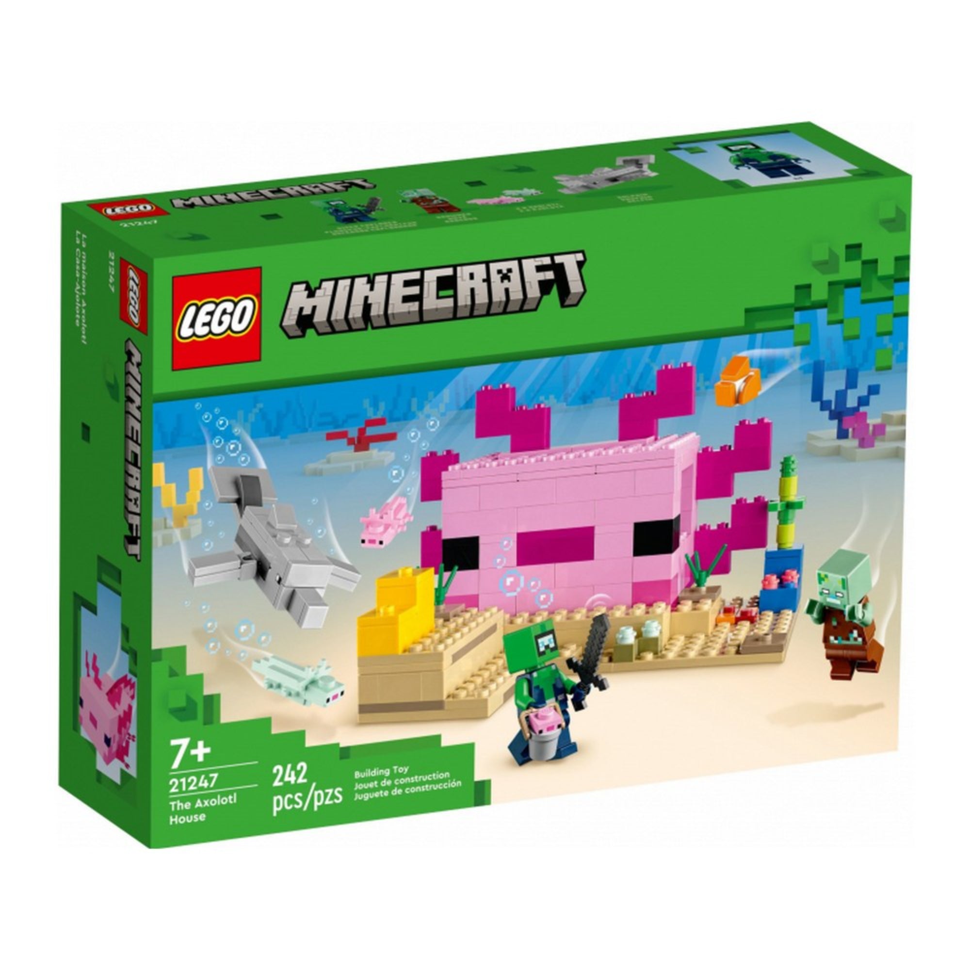 LEGO Minecraft Axolotl ház (21247) színes dobozképe 242 darabbal, 7+ éveseknek, axolotl mintás házzal és víz alatti kalanddal.