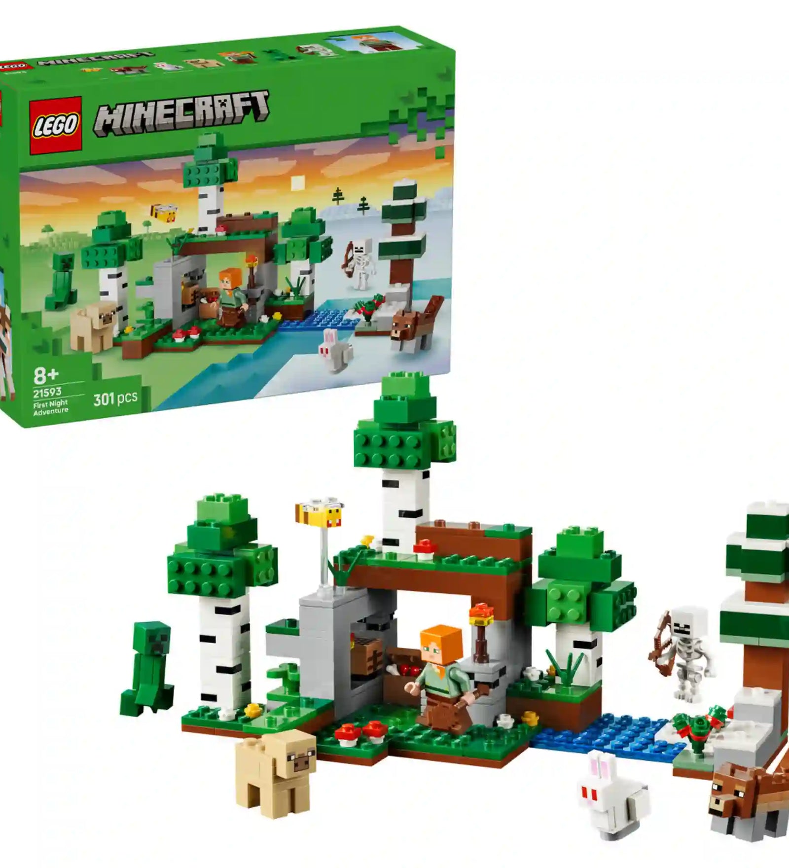 LEGO Minecraft Az első éjszaka kalandja (21593) teljes megépített játékkészlete a dobozképpel, Minecraft menedékkel, fákkal, folyóval, Alex figurával és ellenséges mobokkal.