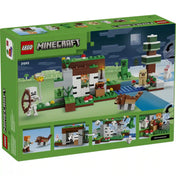 LEGO Minecraft Az első éjszaka kalandja (21593) hátoldali dobozkép, amely bemutatja a játékkészlet funkcióit, a rejtekhelyet és a Minecraft szereplőit.