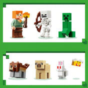 LEGO Minecraft Az első éjszaka kalandja (21593) készlet minifigurái és állatai, köztük Alex, a csontváz, a creeper, a farkas, a juh, a nyúl és a méh.