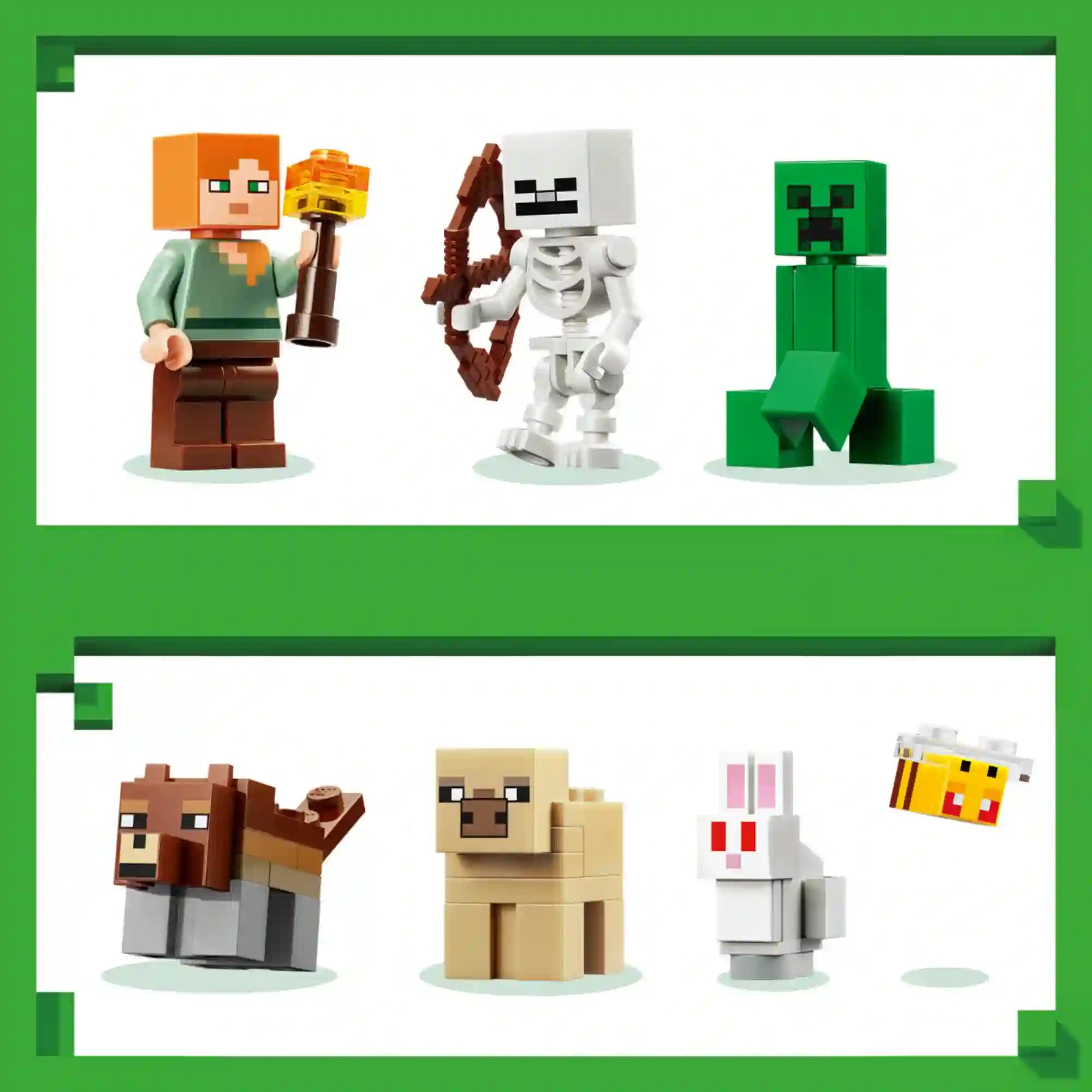 LEGO Minecraft Az első éjszaka kalandja (21593) készlet minifigurái és állatai, köztük Alex, a csontváz, a creeper, a farkas, a juh, a nyúl és a méh.