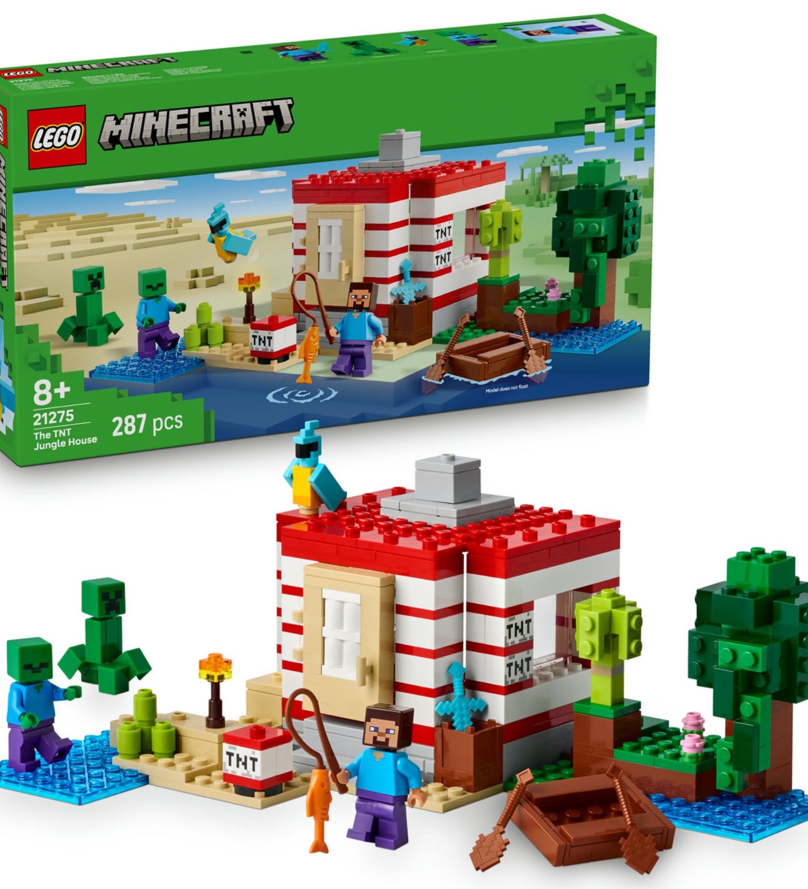 A LEGO Minecraft 21275 készlet doboza és az elkészült dzsungelház modell, piros-fehér csíkos falakkal, zombikkal, hajóval és papagájjal.