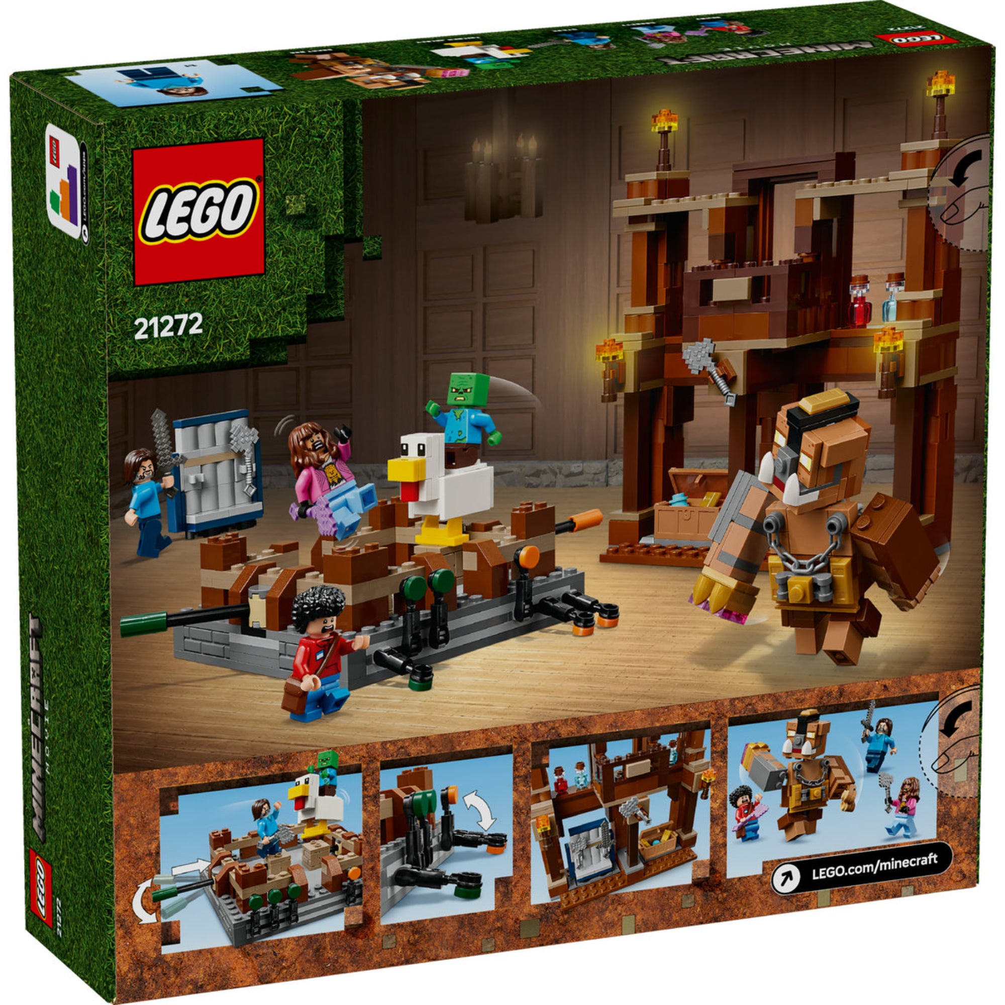 A LEGO Minecraft Erdőbirtok Harci Aréna (21272) dobozának hátoldala, amely bemutatja az interaktív harci ringet, mozgatható elemeket és a karakterek akciódús jeleneteit.