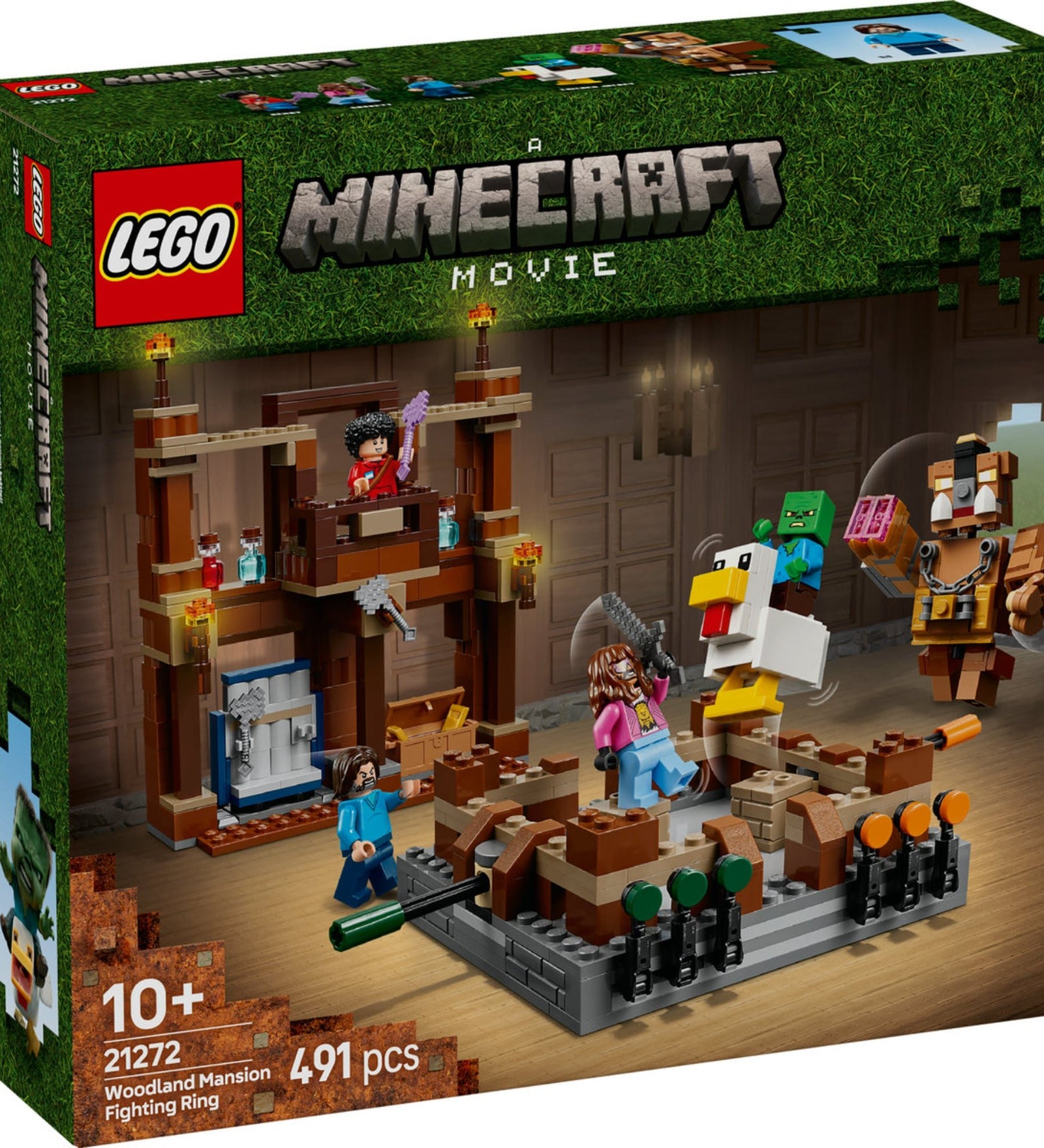 A LEGO Minecraft Erdőbirtok Harci Aréna (21272) doboza, amely egy interaktív harci ringet, karaktereket és akciódús Minecraft jeleneteket ábrázol.