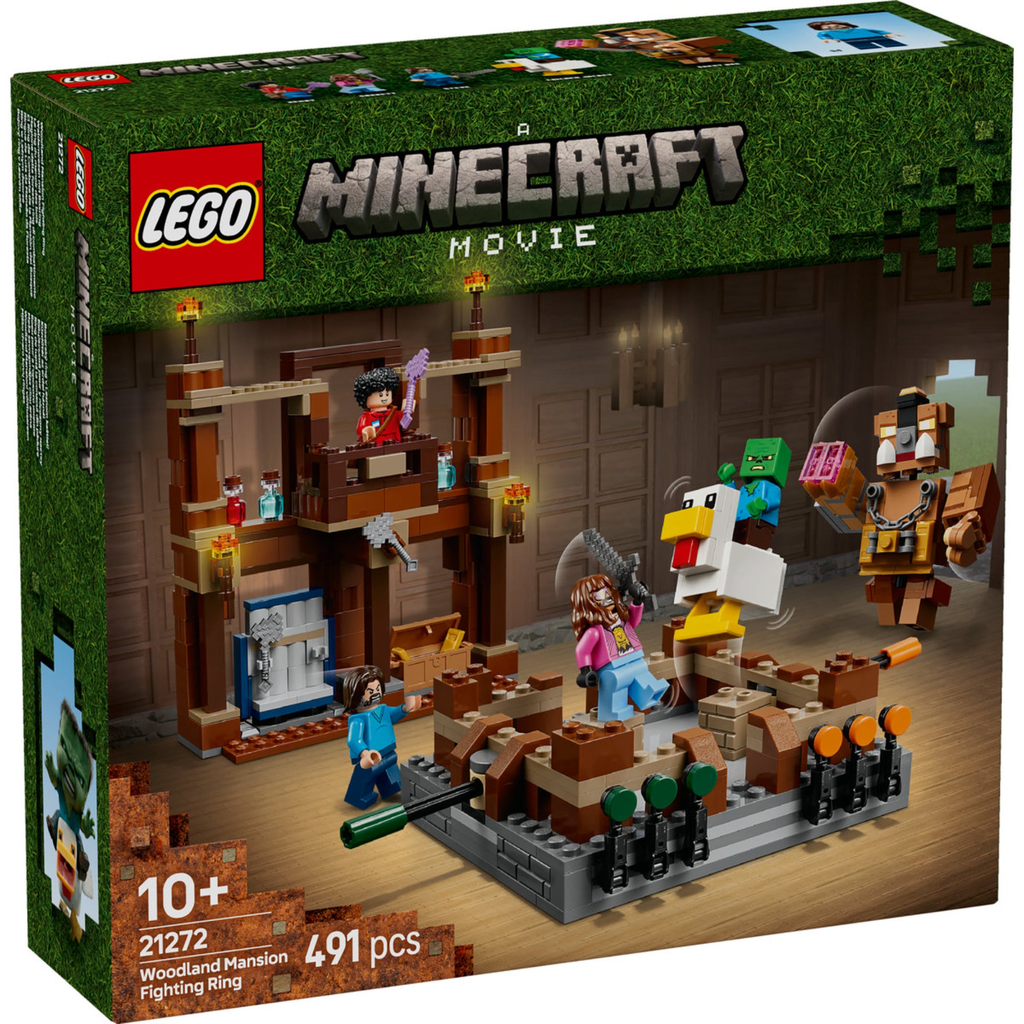 A LEGO Minecraft Erdőbirtok Harci Aréna (21272) doboza, amely egy interaktív harci ringet, karaktereket és akciódús Minecraft jeleneteket ábrázol.