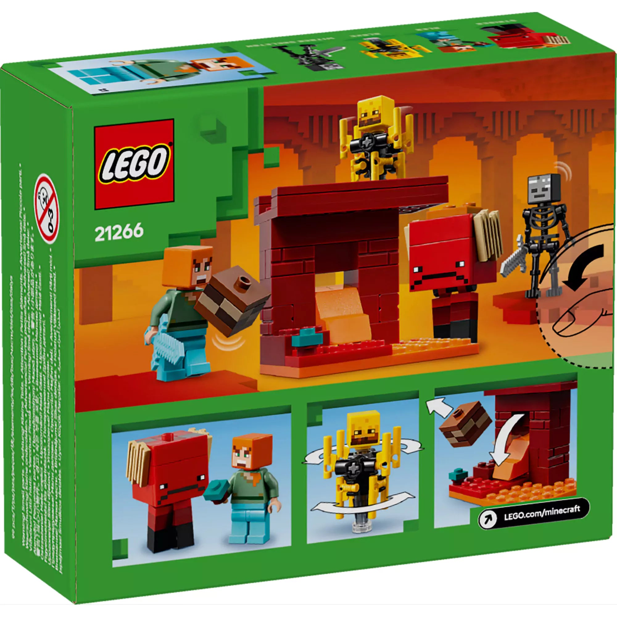 A LEGO Minecraft Lávafeletti Csata a Netherben (21266) készlet dobozának hátoldala, amely részletesen bemutatja a készlet tartalmát és a játékélmény interaktív elemeit, beleértve az építési utasításokat és a karaktereket.