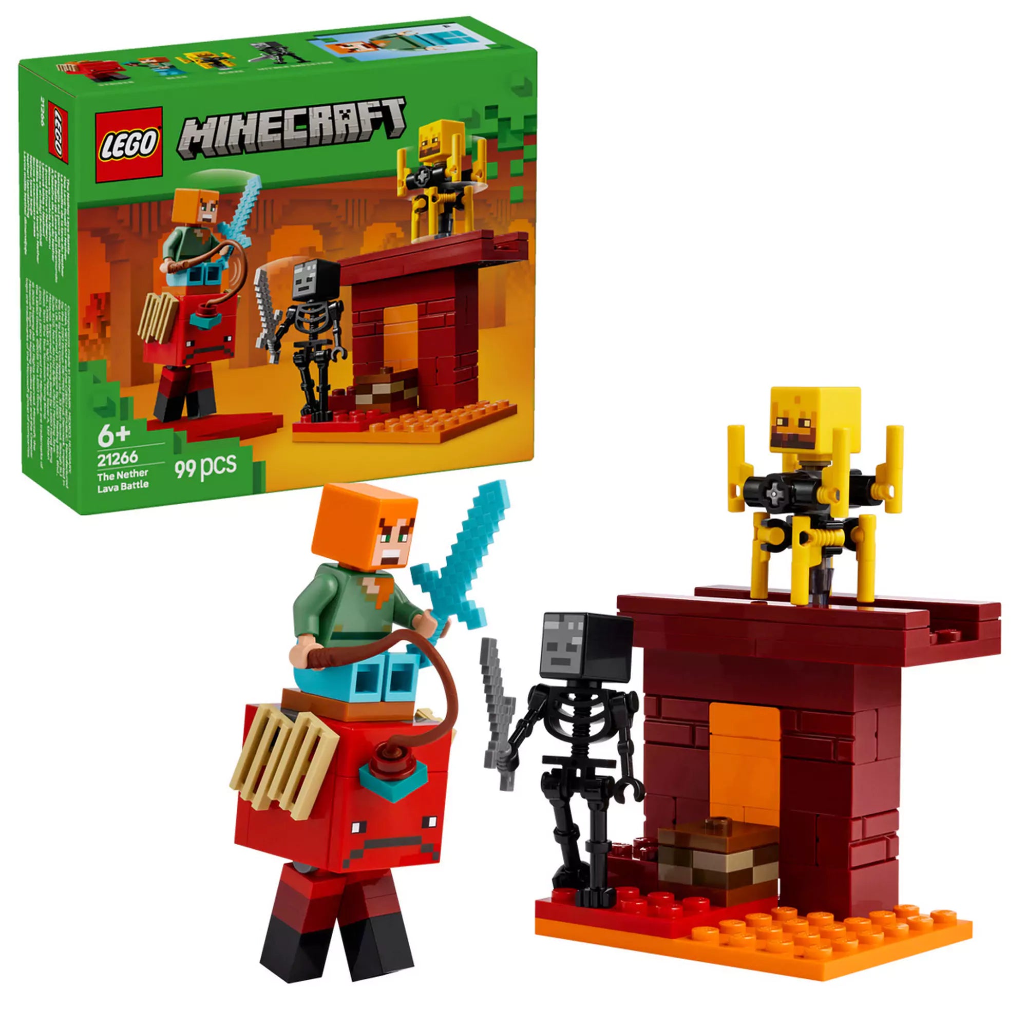 A LEGO Minecraft Lávafeletti Csata a Netherben (21266) készlet tartalma, beleértve az Alex figurát, egy wither csontvázat, egy blaze-t, és egy strider-t, valamint különböző építőelemeket és tartozékokat, amelyek a Nether erőd hídjának és környezetének megalkotásához szükségesek.