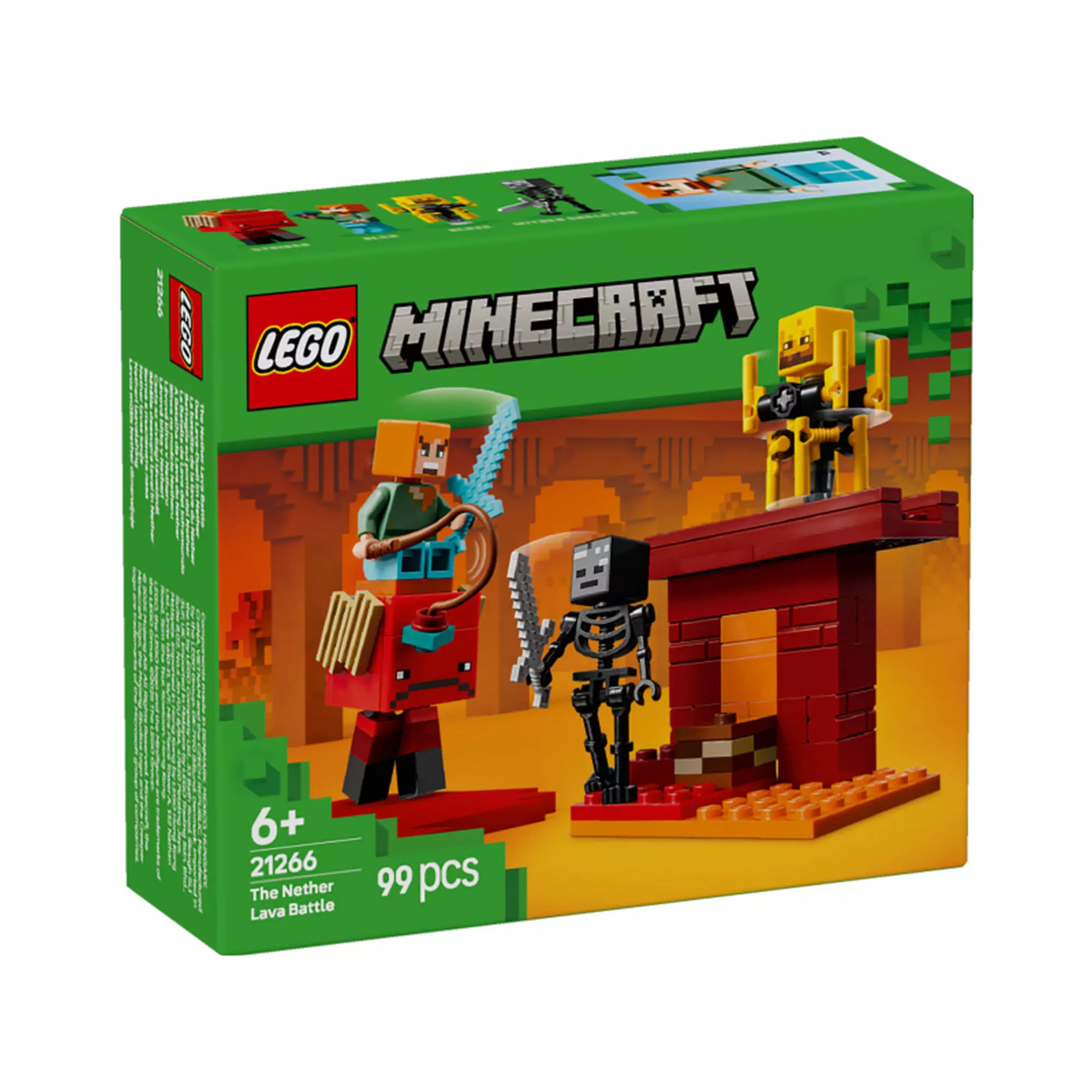 A LEGO Minecraft Lávafeletti Csata a Netherben készlet, Alex-szel, egy wither csontvázzal, egy blaze-zel és egy striderrel, amint egy Nether erőd hídján állnak, körülvéve mozgó lávával.