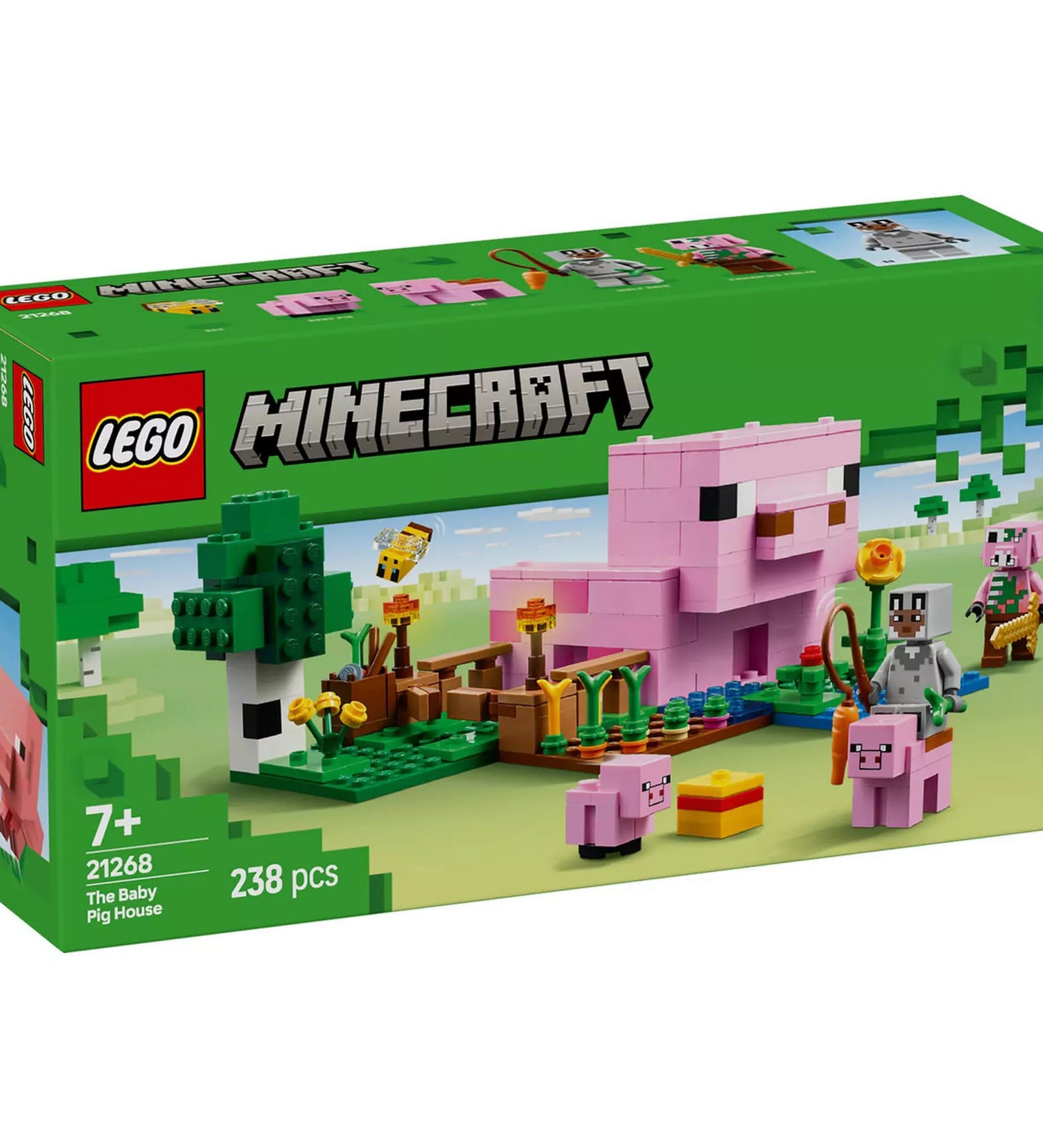 LEGO Minecraft Malac Ház 21268 készlet doboza, amelyen látható a malac alakú ház, kert, és több Minecraft figura, beleértve egy hőst farkasbőrben, egy malacot, méhet, felnőtt disznót és egy zombi malacot.