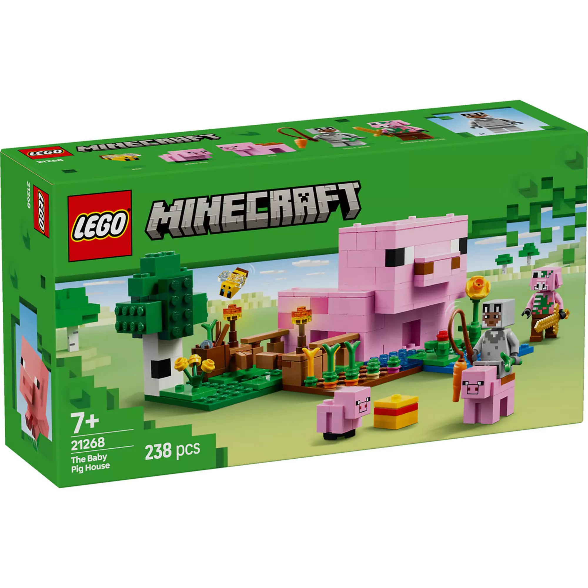 LEGO Minecraft Malac Ház 21268 készlet doboza, amelyen látható a malac alakú ház, kert, és több Minecraft figura, beleértve egy hőst farkasbőrben, egy malacot, méhet, felnőtt disznót és egy zombi malacot.