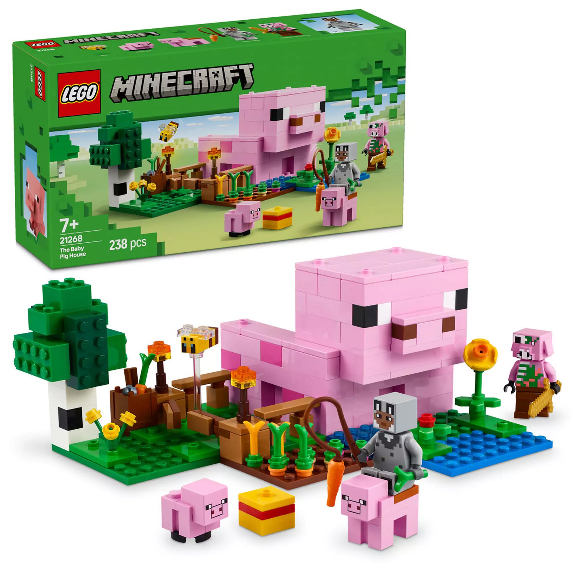 A LEGO Minecraft „Malacházikó” készlet (21268) teljesen megépítve, amely egy nagy, rózsaszín malac alakú házat, egy kertet répákkal, virágokkal és méhekkel ábrázol, valamint Minecraft karaktereket, köztük egy kismalacot, egy Alex minifigurát és egy creepert.