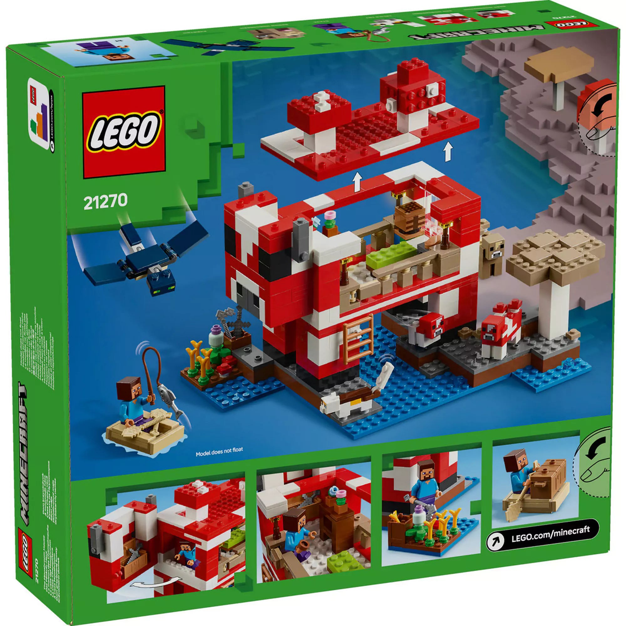 A LEGO Minecraft Mooshroom Ház 21270 készlet dobozának hátoldala, amely részletesen bemutatja a készlet összeszerelési lehetőségeit és a játék funkcióit különböző képeken keresztül, beleértve a ház belsejét, a hozzá tartozó kiegészítőket, mint például a csónak, és az állatfigurákat, mint a mooshroomok és a macska.