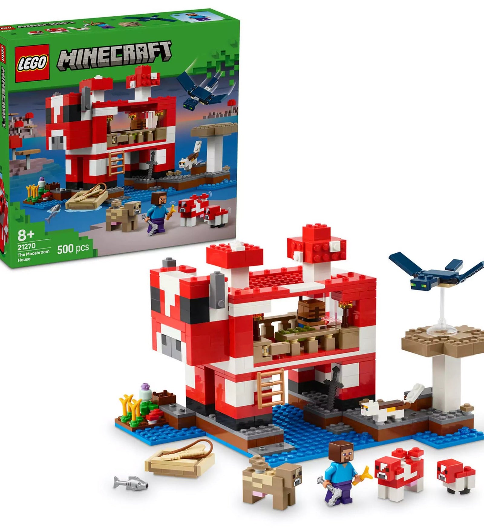 A LEGO Minecraft Mooshroom Ház 21270 készlet, amely bemutatja a termék dobozát és a felépített modellt. A képen látható a piros-fehér Mooshroom ház, Steve karakter, egy csónak, és különböző Minecraft elemek, mint például mooshroom állatok és egy kis sziget.
