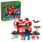 A LEGO Minecraft Mooshroom Ház 21270 készlet, amely bemutatja a termék dobozát és a felépített modellt. A képen látható a piros-fehér Mooshroom ház, Steve karakter, egy csónak, és különböző Minecraft elemek, mint például mooshroom állatok és egy kis sziget.