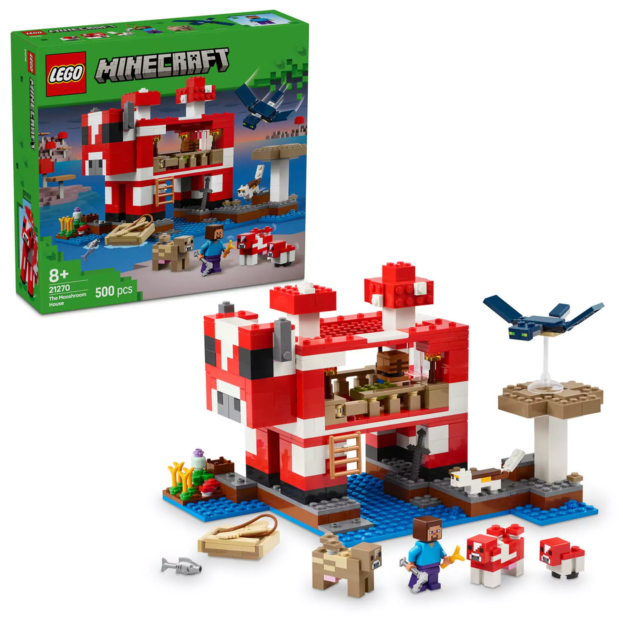 A LEGO Minecraft Mooshroom Ház 21270 készlet, amely bemutatja a termék dobozát és a felépített modellt. A képen látható a piros-fehér Mooshroom ház, Steve karakter, egy csónak, és különböző Minecraft elemek, mint például mooshroom állatok és egy kis sziget.