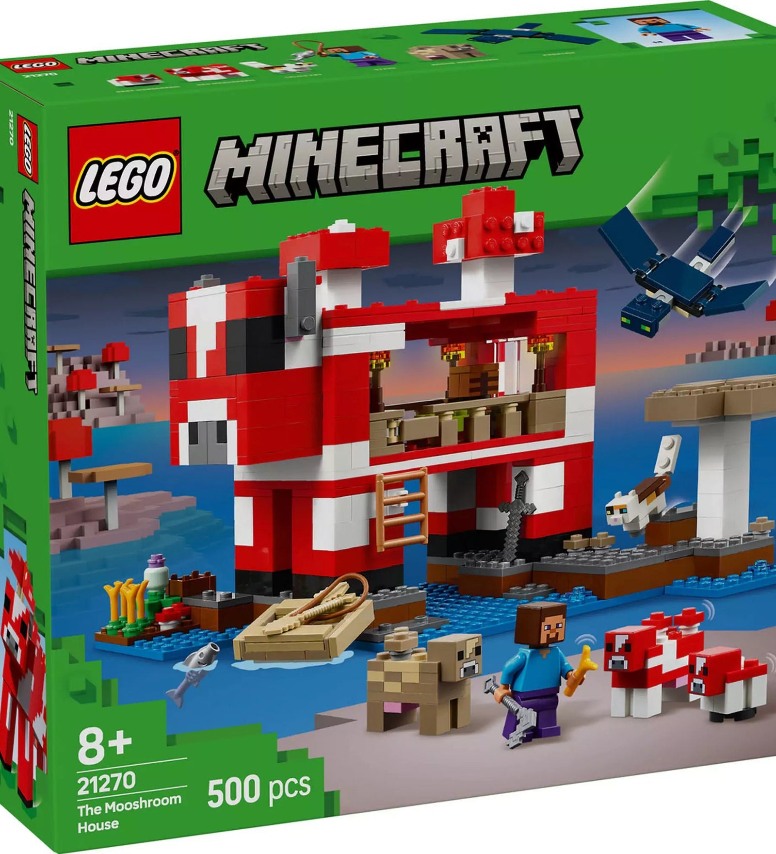 A LEGO Minecraft Mooshroom Ház 21270 készlet doboza, amelyen látható Steve és több Mooshroom, egy macska, és egy fantom a gombás szigeti házukkal, valamint különféle játékelemekkel és tartozékokkal a Minecraft világából.