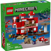 A LEGO Minecraft Mooshroom Ház 21270 készlet doboza, amelyen látható Steve és több Mooshroom, egy macska, és egy fantom a gombás szigeti házukkal, valamint különféle játékelemekkel és tartozékokkal a Minecraft világából.