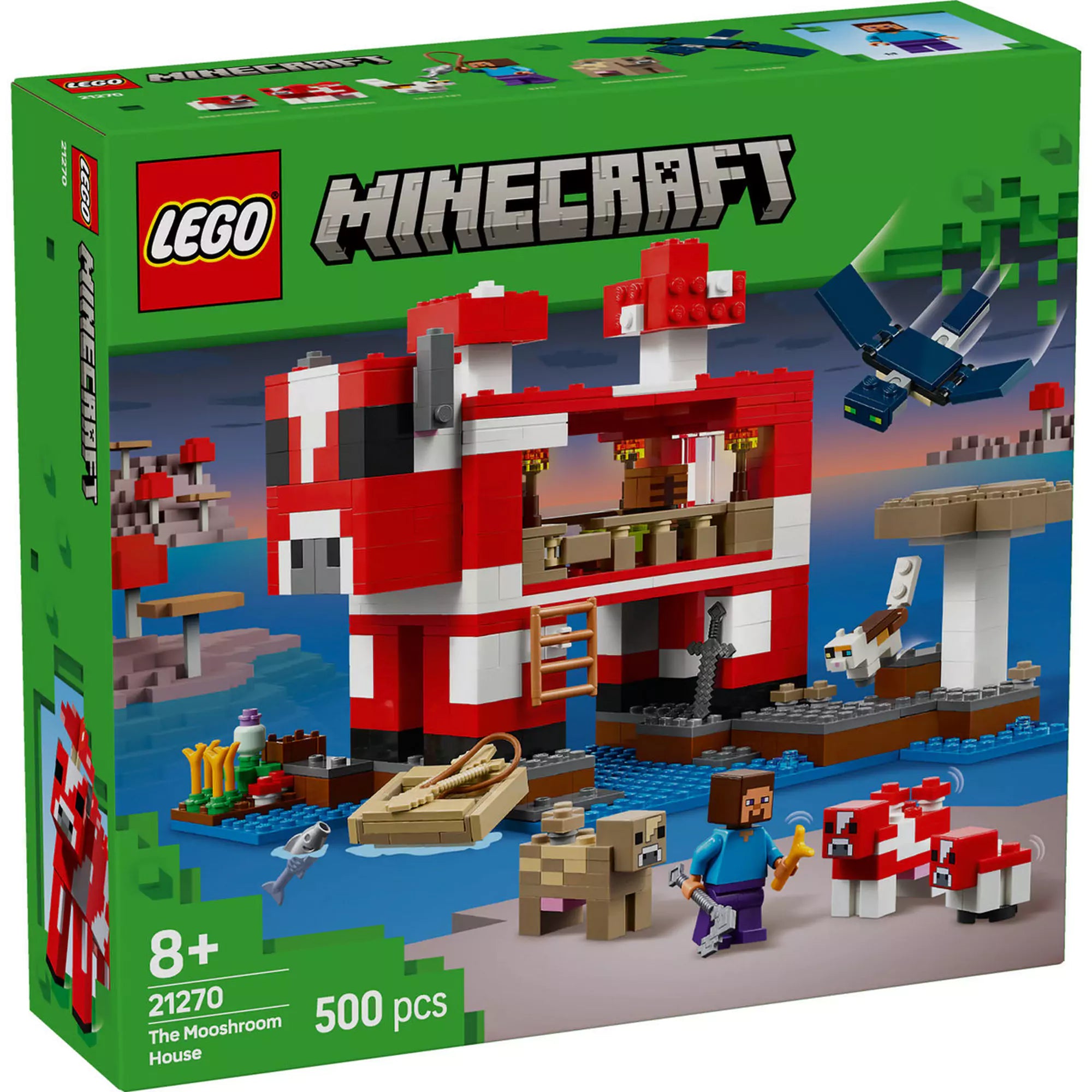A LEGO Minecraft Mooshroom Ház 21270 készlet doboza, amelyen látható Steve és több Mooshroom, egy macska, és egy fantom a gombás szigeti házukkal, valamint különféle játékelemekkel és tartozékokkal a Minecraft világából.
