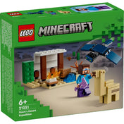 A LEGO Minecraft Steve sivatagi expedíciója (21251) készlet zöld doboza, amely a figurákat és a táborhelyet ábrázolja sivatagi háttérrel.