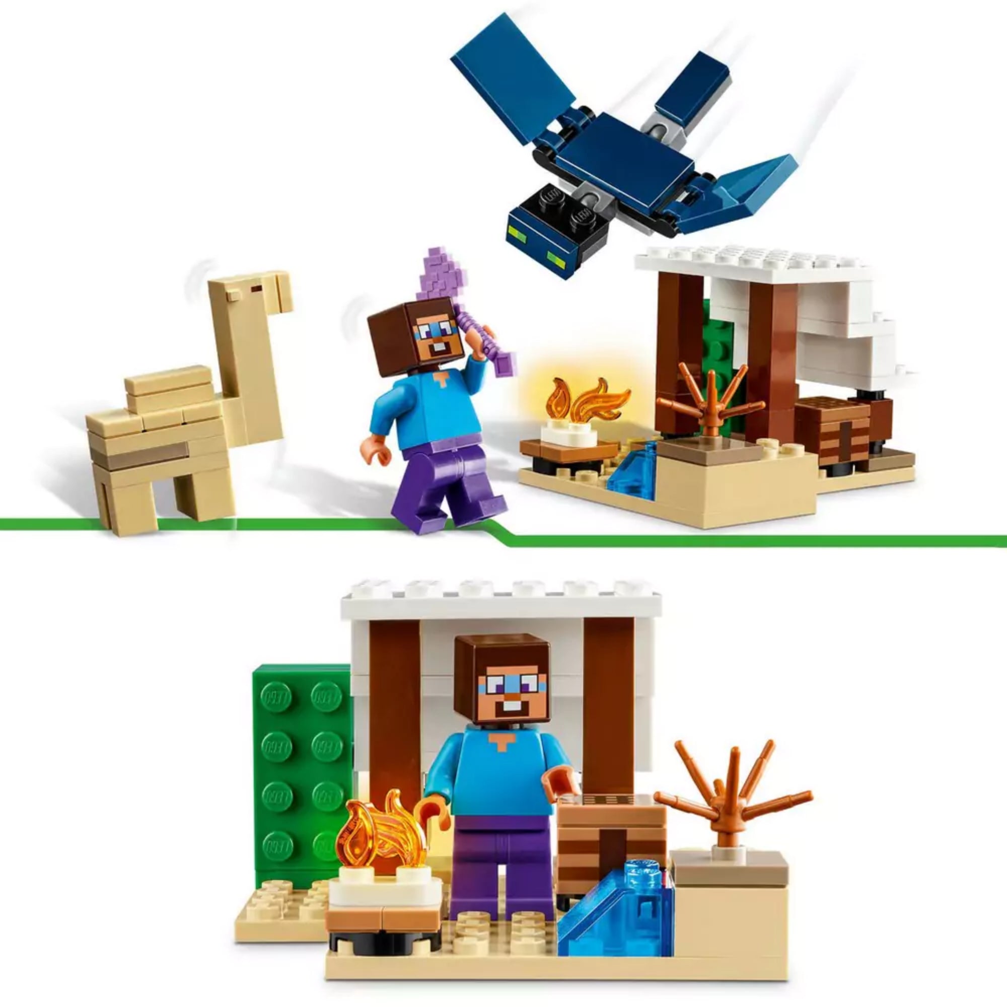 Két jelenet Steve sivatagi táborából: az egyik képen Steve harcra készül a madárral, a másik képen a LEGO sátor, láda, vízesés és a tűzrakóhely látható közelről.