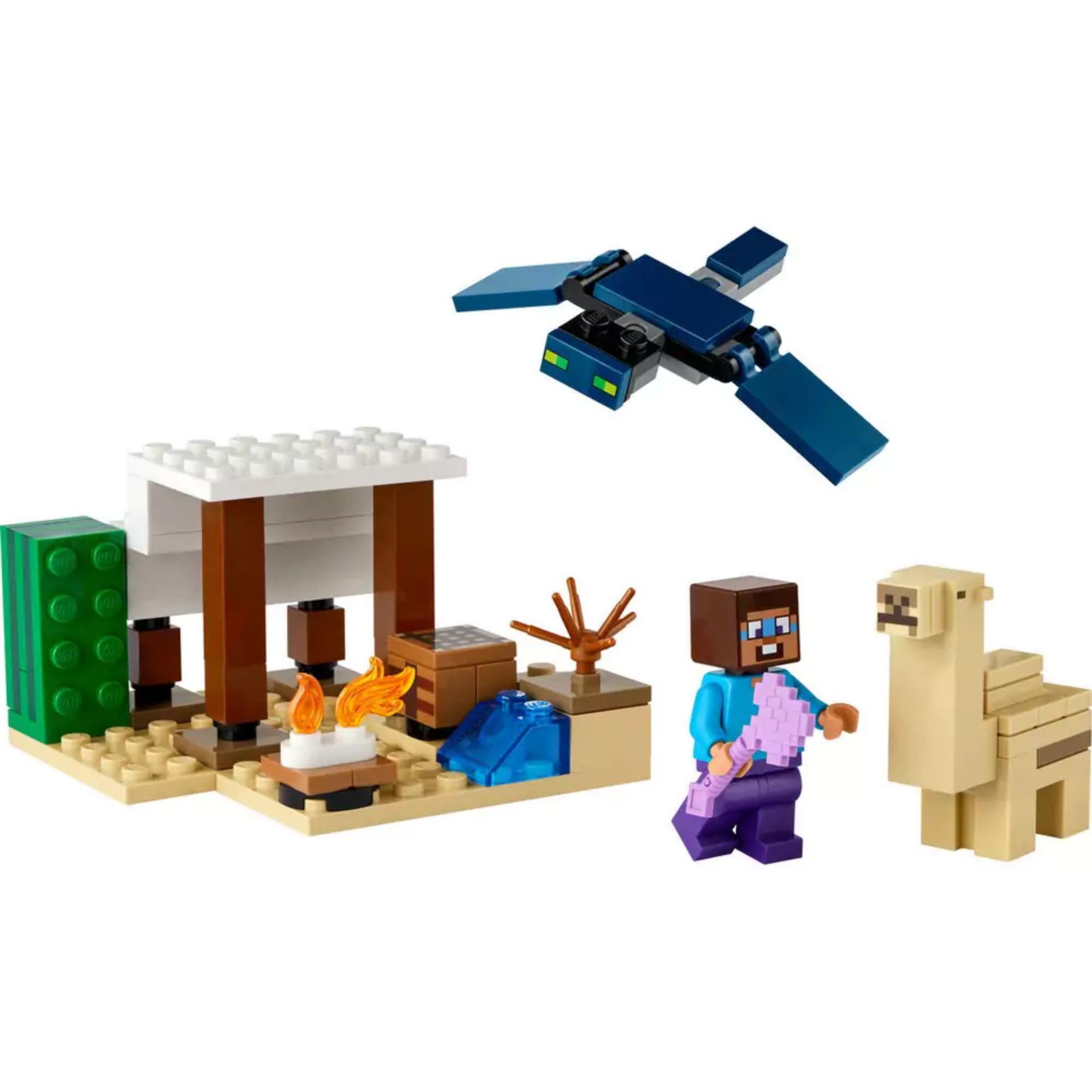 Steve sivatagi expedíciós táborhelye LEGO építőkockákból, látható a tűzrakóhely, a kis sátor, egy kaktusz, egy vízesés, valamint Steve, egy kísértetmadár és egy láma figura.