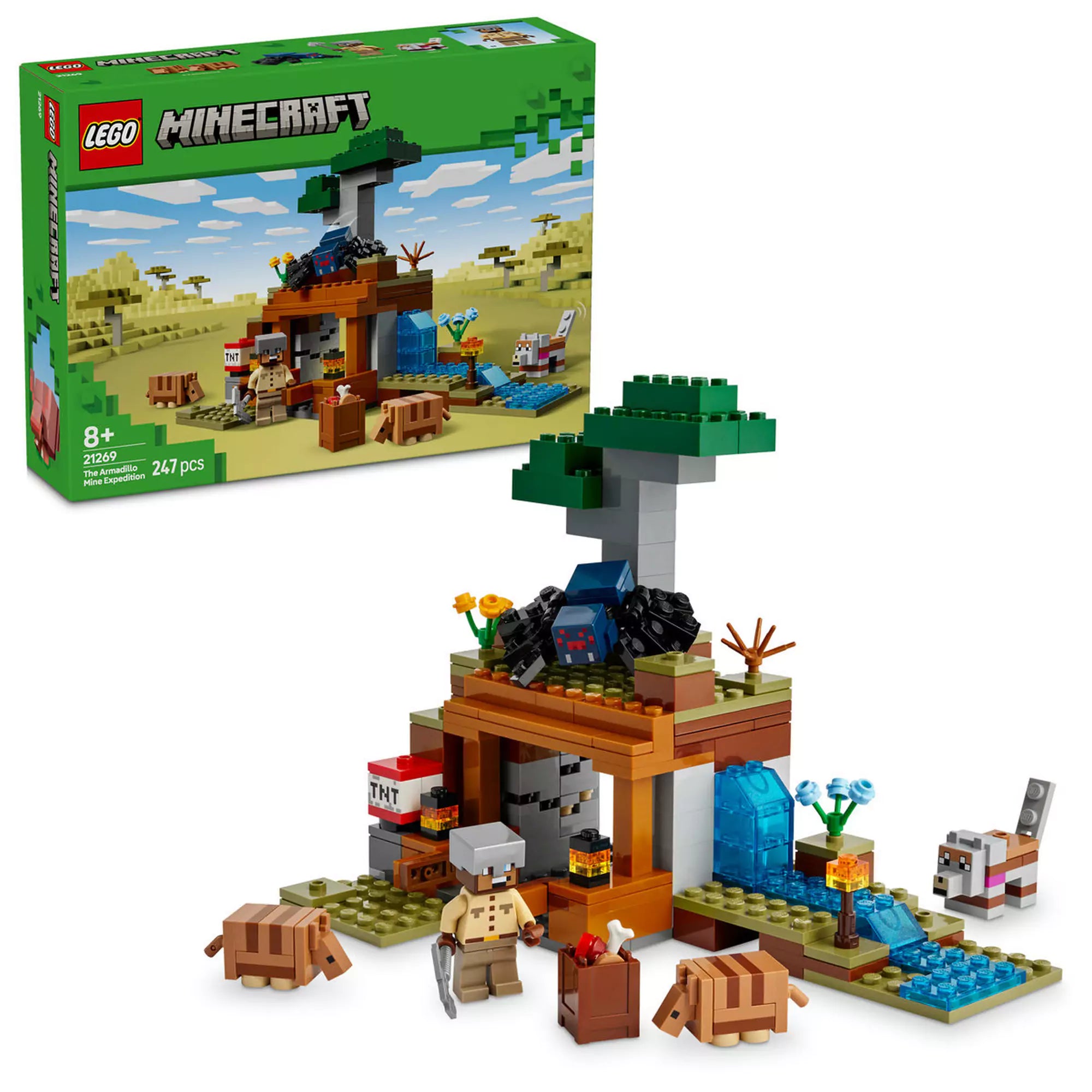 LEGO Minecraft Tatubányászati Expedíció 21269 készlet, amelyen látható a szavanna biomjában elhelyezkedő bányászati terület, komplett TNT robbantó funkcióval, folyóval, láva vízeséssel, és számos állatfigurával, mint a tatuk és a farkas.