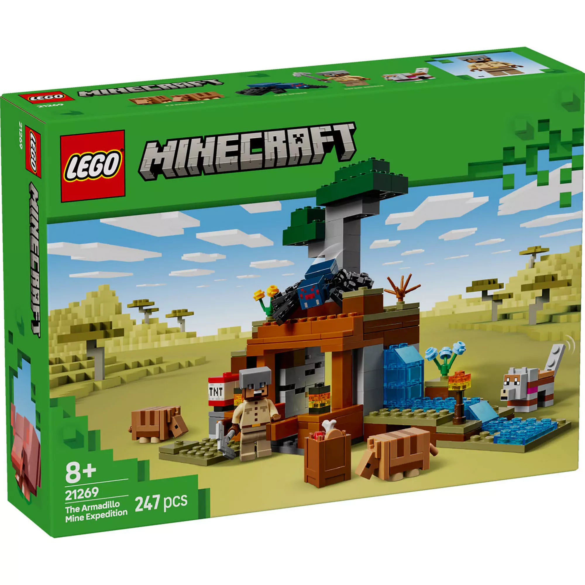 A LEGO Minecraft Tatubányászati Expedíció 21269 készlet doboza, amelyen látható a bányászati tevékenységek, TNT robbantás, folyó és láva vízesés, valamint a tatuk és más Minecraft karakterek izgalmas kalandjaik közben.
