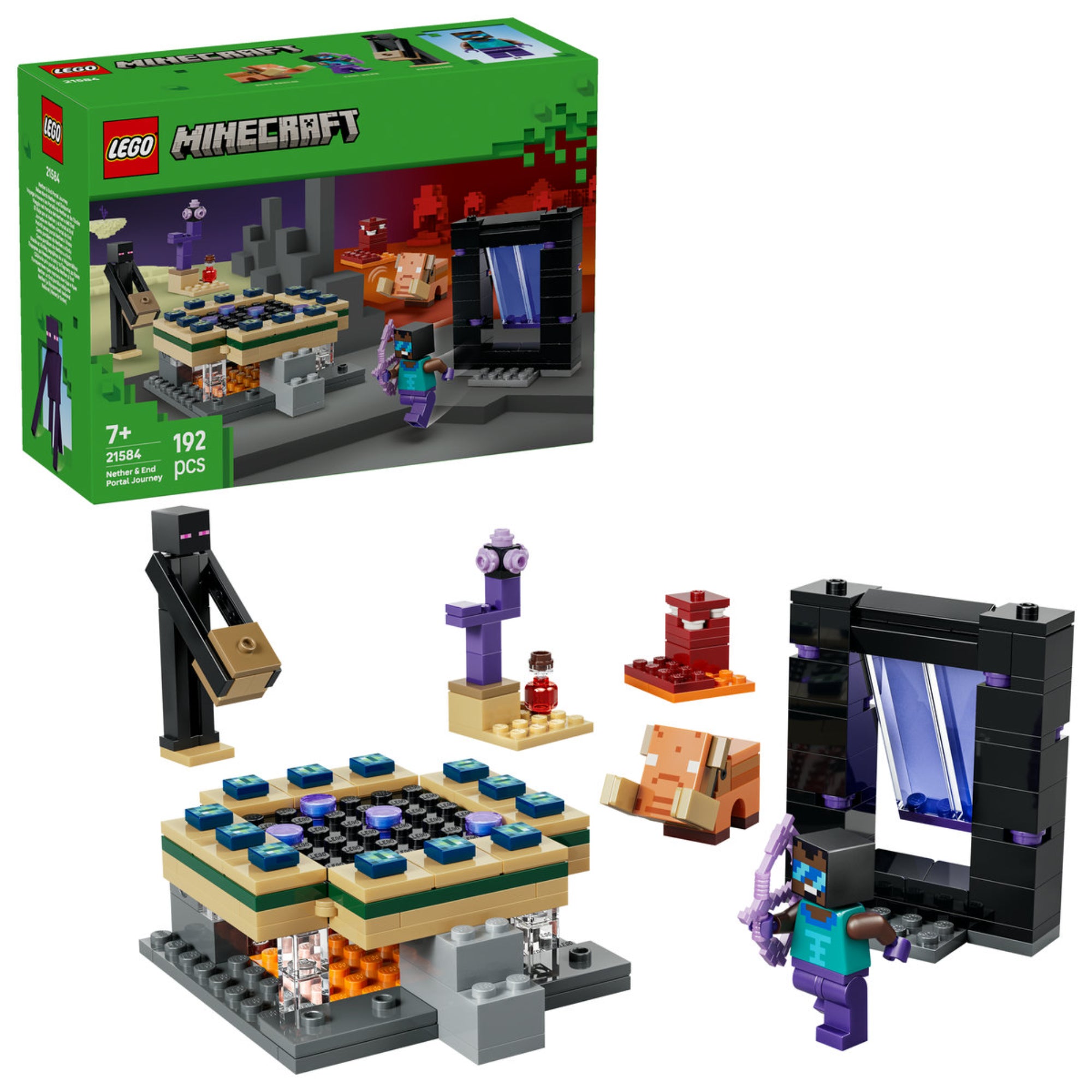 LEGO Minecraft Nether és End portál utazás (21584) – a készlet dobozképe, Nether és End jelenetekkel, Steve figurával és portállal.