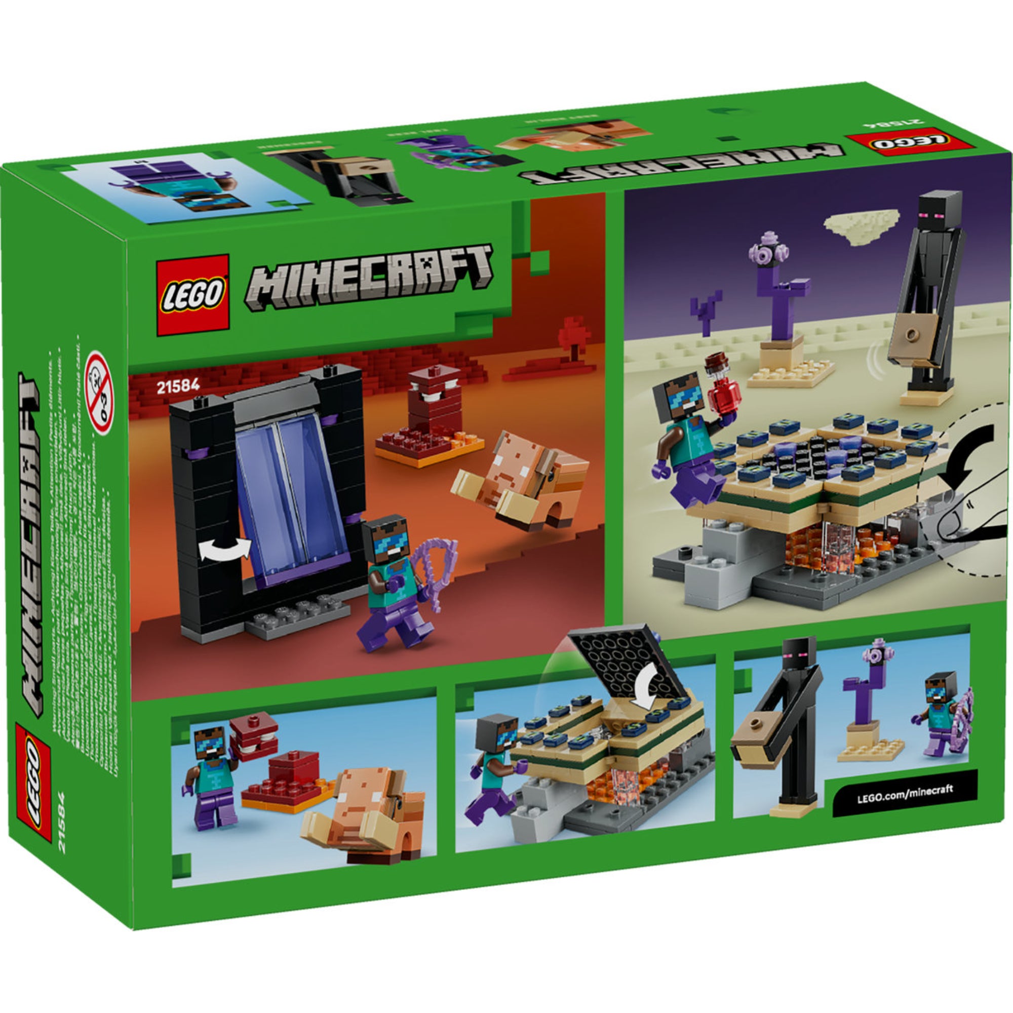 LEGO Minecraft Nether és End portál utazás (21584) – a doboz hátoldala, játékfunkciók és építési lehetőségek bemutatása.