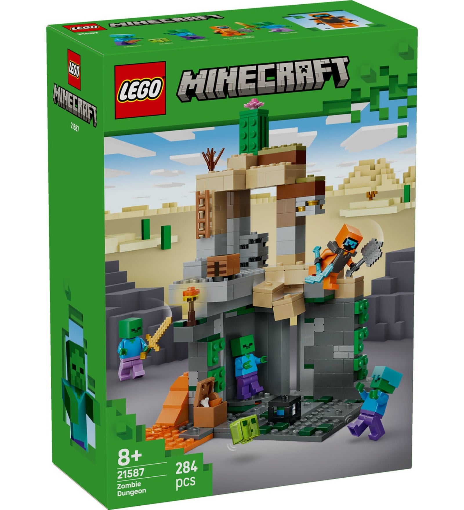 LEGO Minecraft Zombie Dungeon (21587) – a doboz elölnézete, zombik, kalandor figura és megépíthető dungeon jelenet.