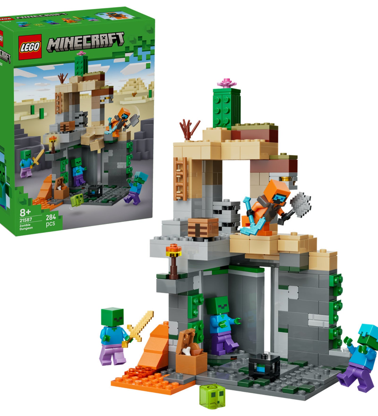 LEGO Minecraft Zombie Dungeon (21587) – a teljes megépített készlet, több szintes dungeon, zombik és kalandjelenet.