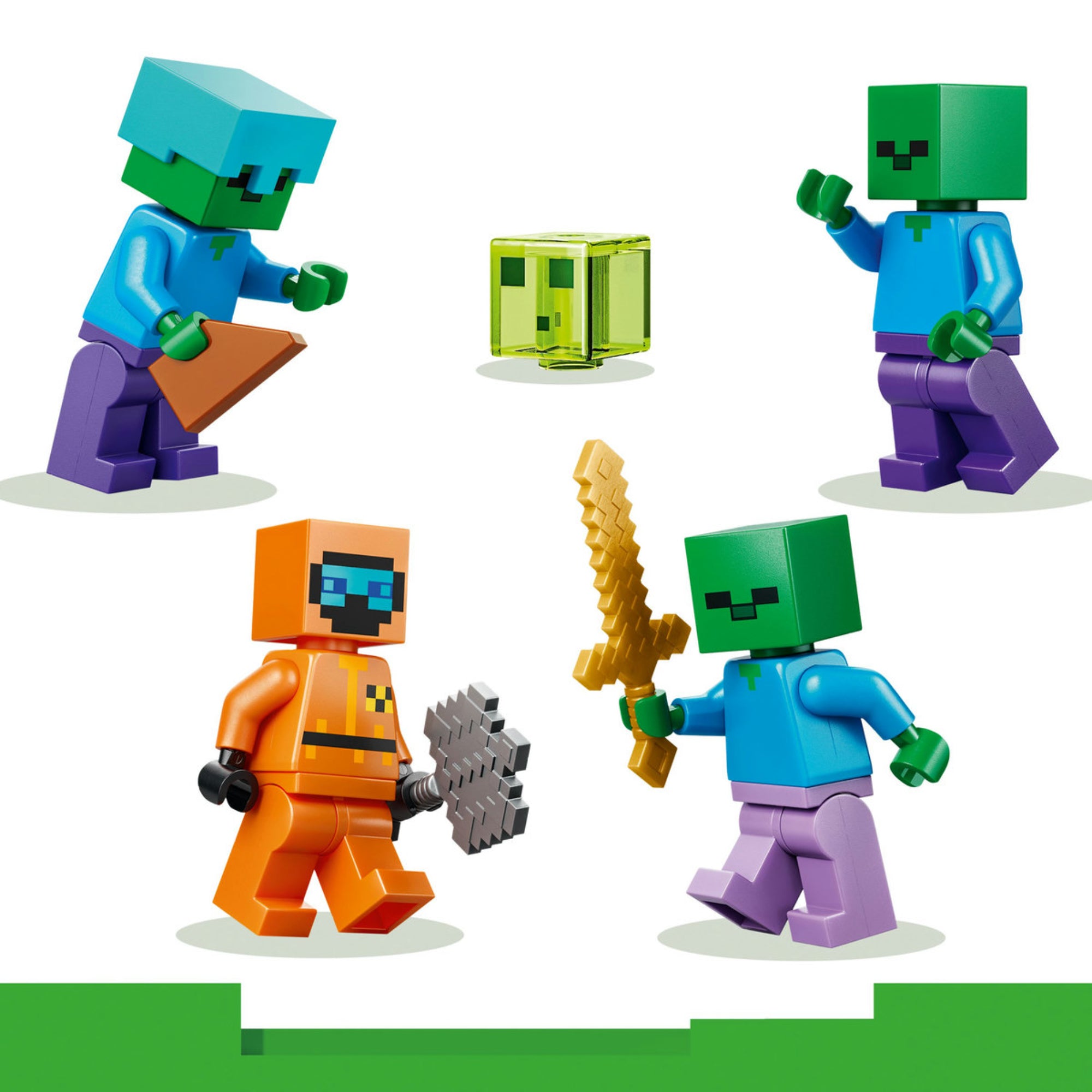 LEGO Minecraft Zombie Dungeon (21587) – Minecraft figurák kiegészítőkkel, zombik és felszerelések közelről.