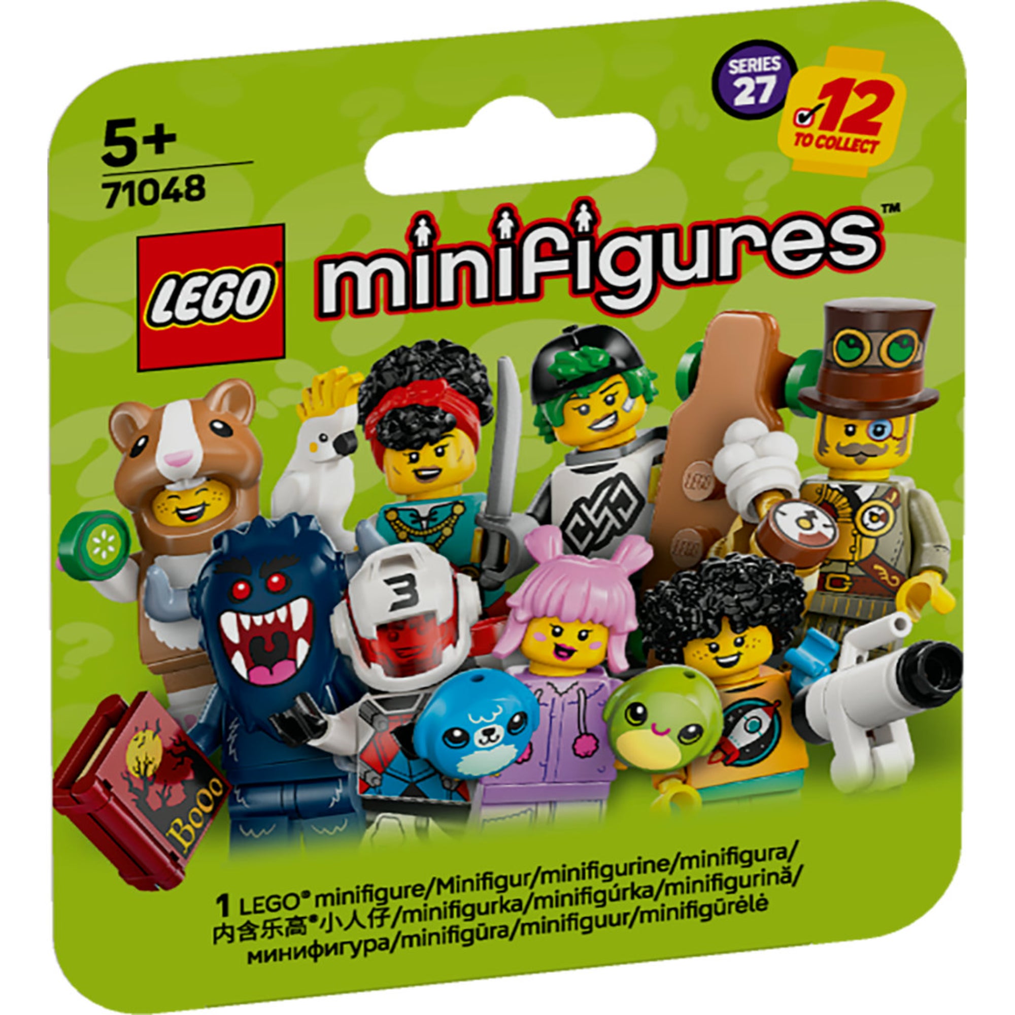 Ez a kép a LEGO Minifigurák 27. széria (71048) csomagolását mutatja be, amely 12 egyedi és gyűjthető minifigurát tartalmaz. A borítón különféle izgalmas karakterek láthatók, például egy steampunk feltaláló, hörcsögjelmezes figura, csillagász kisfiú, pteroszaurusz jelmezes figura és egy kalóz szállásmester. Minden csomag egy véletlenszerű minifigurát rejt, így minden bontás egy izgalmas meglepetés! Tökéletes ajándék LEGO-rajongóknak és gyűjtőknek egyaránt.