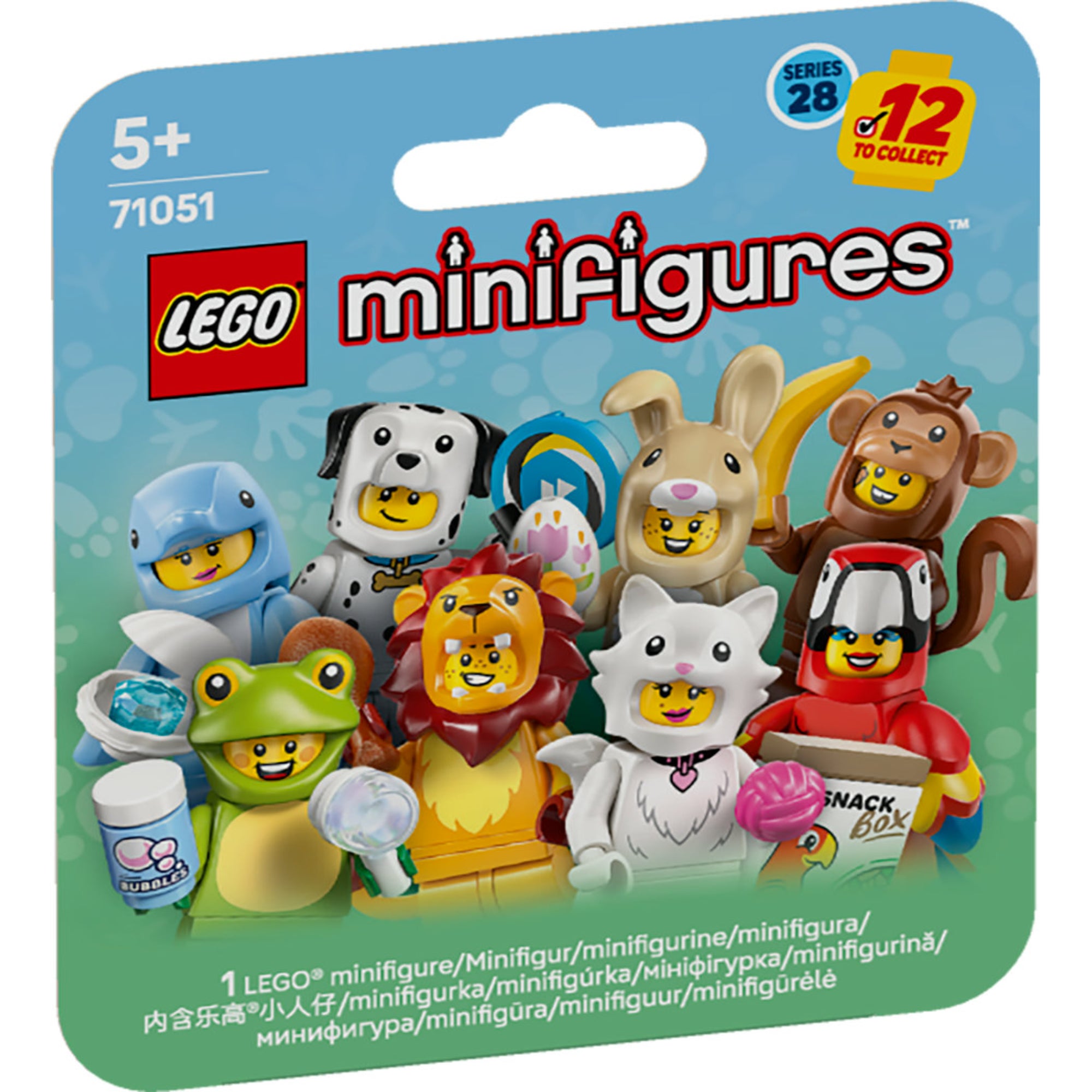 LEGO Minifigures Series 28 (71051) – a meglepetés tasak elölnézete, a 12 gyűjthető minifigura grafikájával.