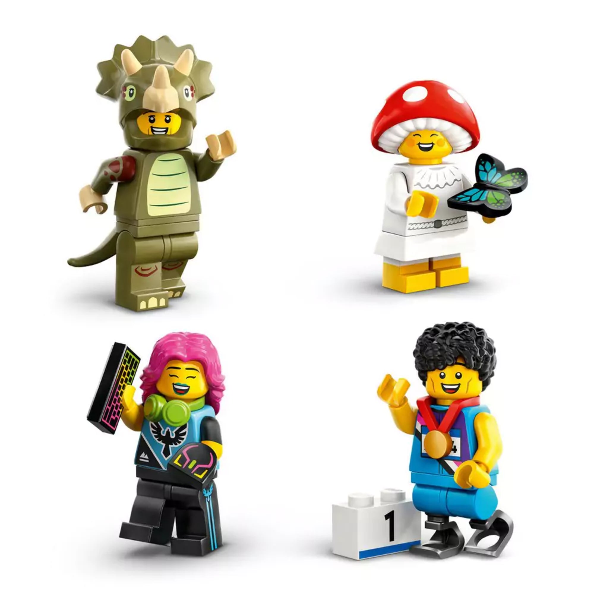 A képen négy LEGO minifigura látható a 25. sorozatból, mindegyik sajátos karakterrel és kiegészítővel:

– Bal felső sarokban egy vidám figura dinoszaurusz jelmezben, részletes triceratopsz-fejdísszel és farokkal. Jobb felső sarokban egy gombakalapos karakter szerepel, fehér ruhában és egy színes pillangót tart a kezében. Bal alsó sarokban egy modern gamer figura látható, élénk rózsaszín hajjal. Mig a Jobb alsó sarokban egy sportoló figura, aki síléceken áll, nyakában aranyérmekkel.