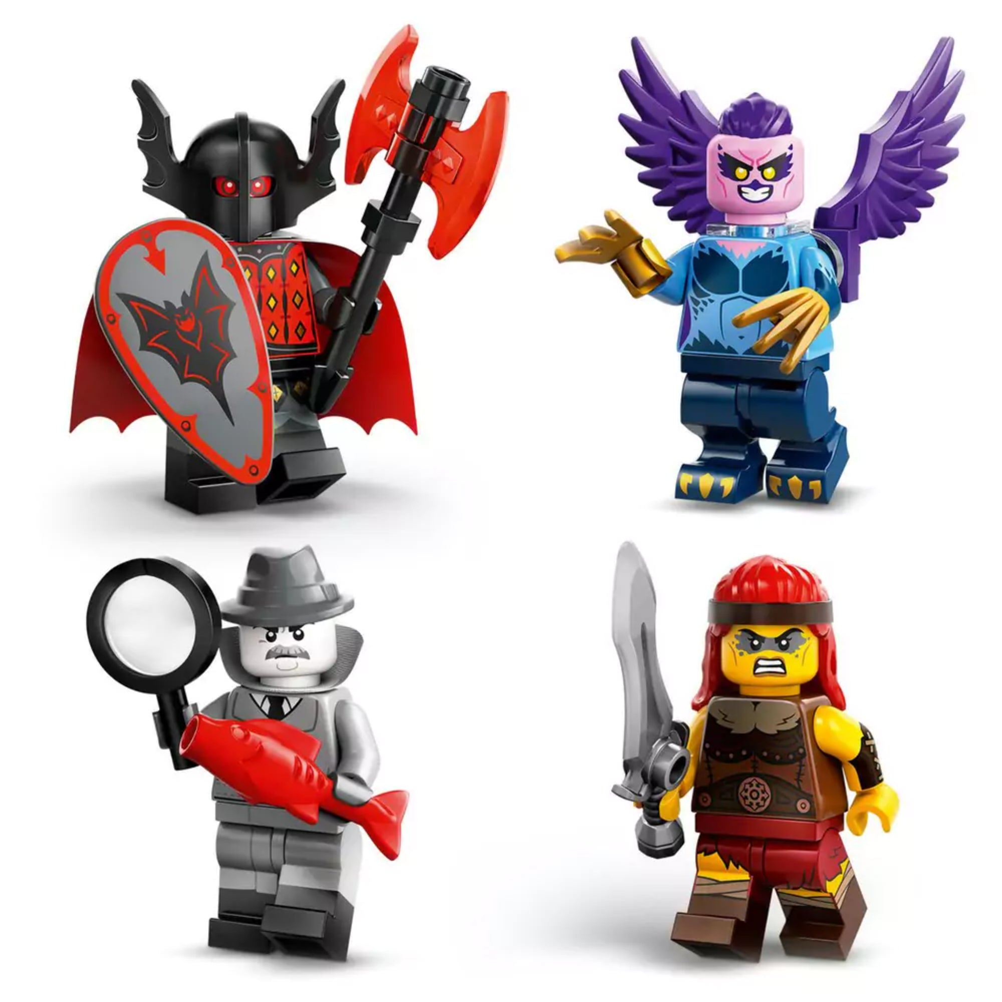 A képen négy LEGO minifigura látható a 25. szériából, mindegyik karakter sajátos megjelenéssel és témával:Bal felső sarokban egy sötét, denevéres páncélzatú harcos figura szerepel piros-fekete pajzzsal. Jobb felső sarokban egy mitikus kinézetű, lila szárnyas lény látható, rózsaszín arccal. Bal alsó sarokban egy noir stílusú nyomozó figura van, szürke öltözetben. Jobb alsó sarokban egy harcos női figura látható, vörös hajjal, fejkendővel és egy nagy pengéjű karddal.