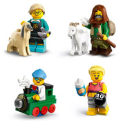 A képen négy LEGO minifigura látható a 25. szériából, mindegyik karakter egyedi témát jelenít meg:
A bal felső sarokban egy állatorvos vagy kutyakozmetikus figura látható, akinek világoskék ruháján mancsnyom motívum van. A jobb felső sarokban egy hegyi pásztor minifigura látható, barna köpenyben és zöld felsőben. A bal alsó sarokban egy játékos vagy vidámparki dolgozó figura látható, aki egy kicsi, zöld, LEGO-gőzmozdonyban ül. A jobb alsó sarokban egy sportoló figura szerepel rózsaszín felsőben.