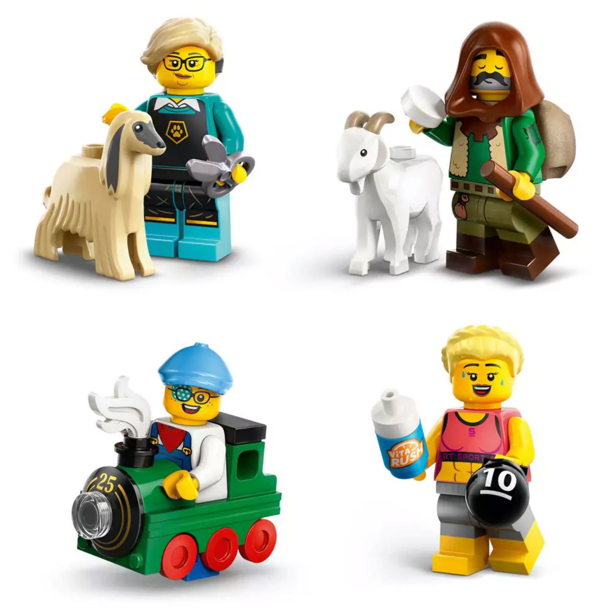 A képen négy LEGO minifigura látható a 25. szériából, mindegyik karakter egyedi témát jelenít meg:
A bal felső sarokban egy állatorvos vagy kutyakozmetikus figura látható, akinek világoskék ruháján mancsnyom motívum van. A jobb felső sarokban egy hegyi pásztor minifigura látható, barna köpenyben és zöld felsőben. A bal alsó sarokban egy játékos vagy vidámparki dolgozó figura látható, aki egy kicsi, zöld, LEGO-gőzmozdonyban ül. A jobb alsó sarokban egy sportoló figura szerepel rózsaszín felsőben.