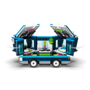 A LEGO partibusz oldala kinyitva, a belső térben DJ pult, hangfalak és színes díszítés látható. A busz sötétkék-fehér színű és részletgazdag kialakítású.